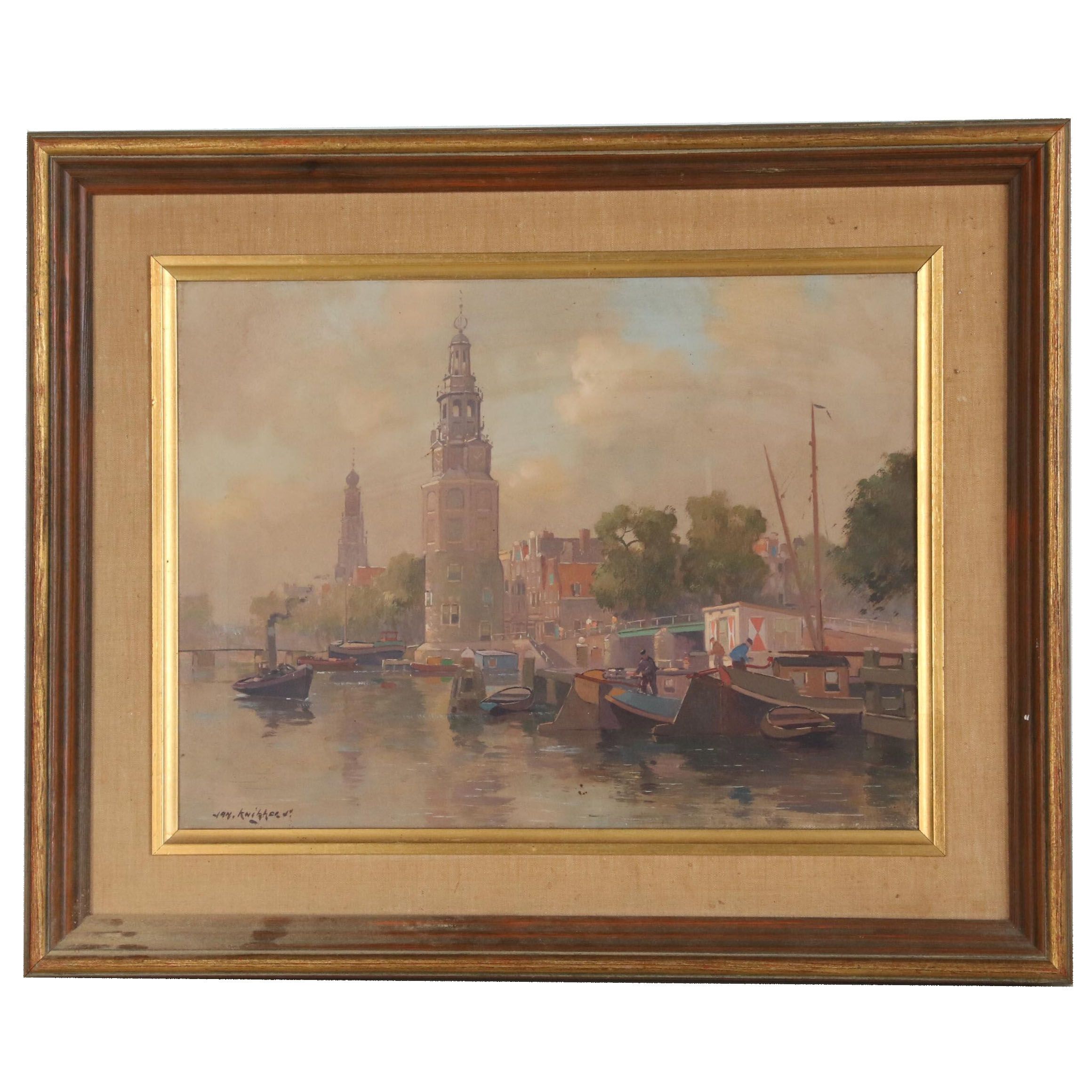 Jan Knikker Jr. Oil Painting of Dutch Canal Scene