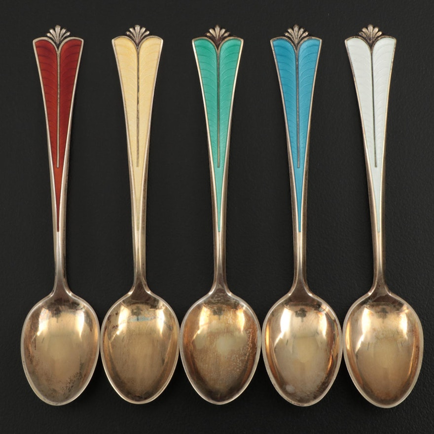 David-Anderson Enameled Vermeil Sterling Demitasse Spoons, Early 20th Century