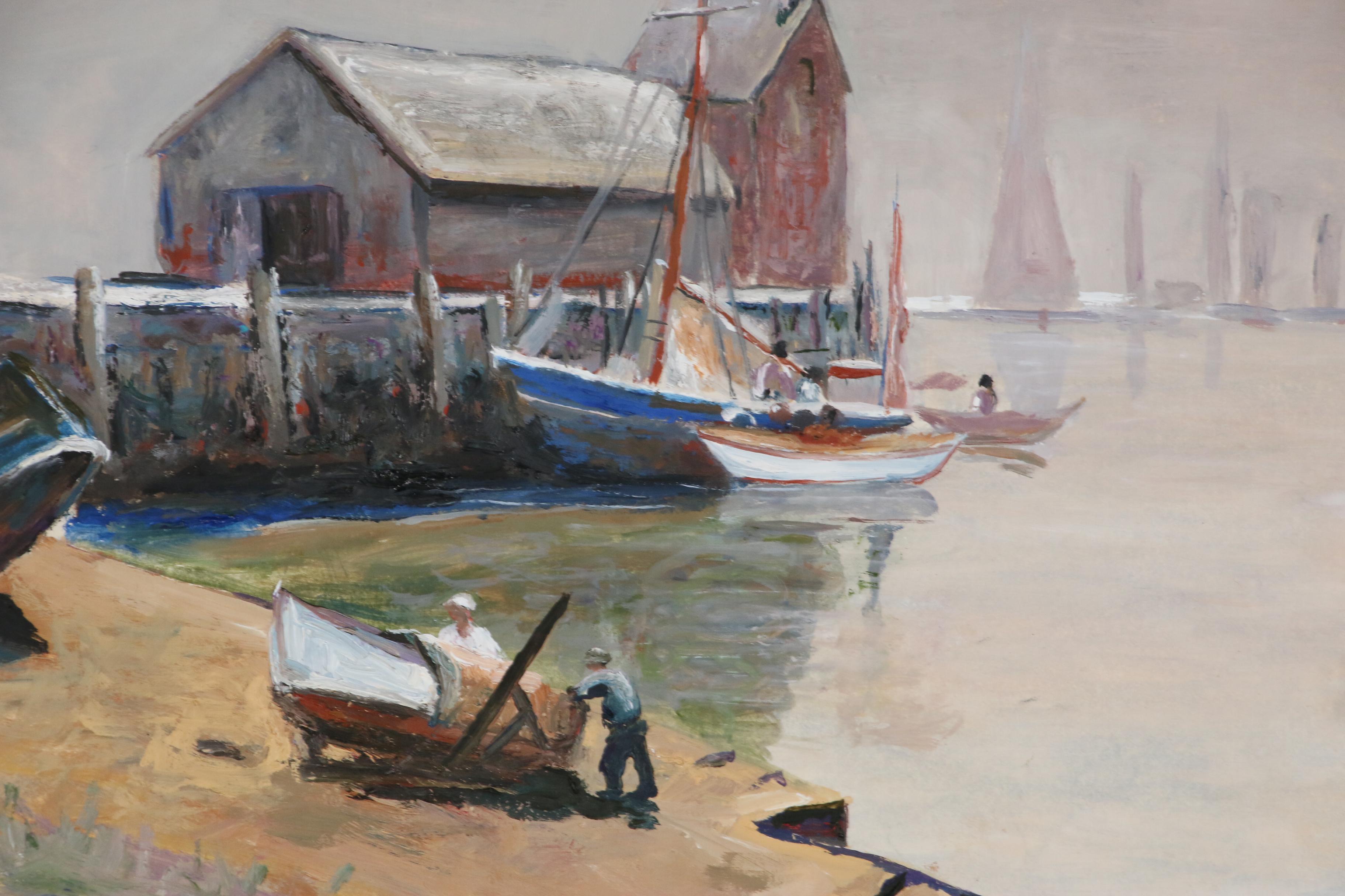 Harbor Scene Oil Painting of Boats at Wharf