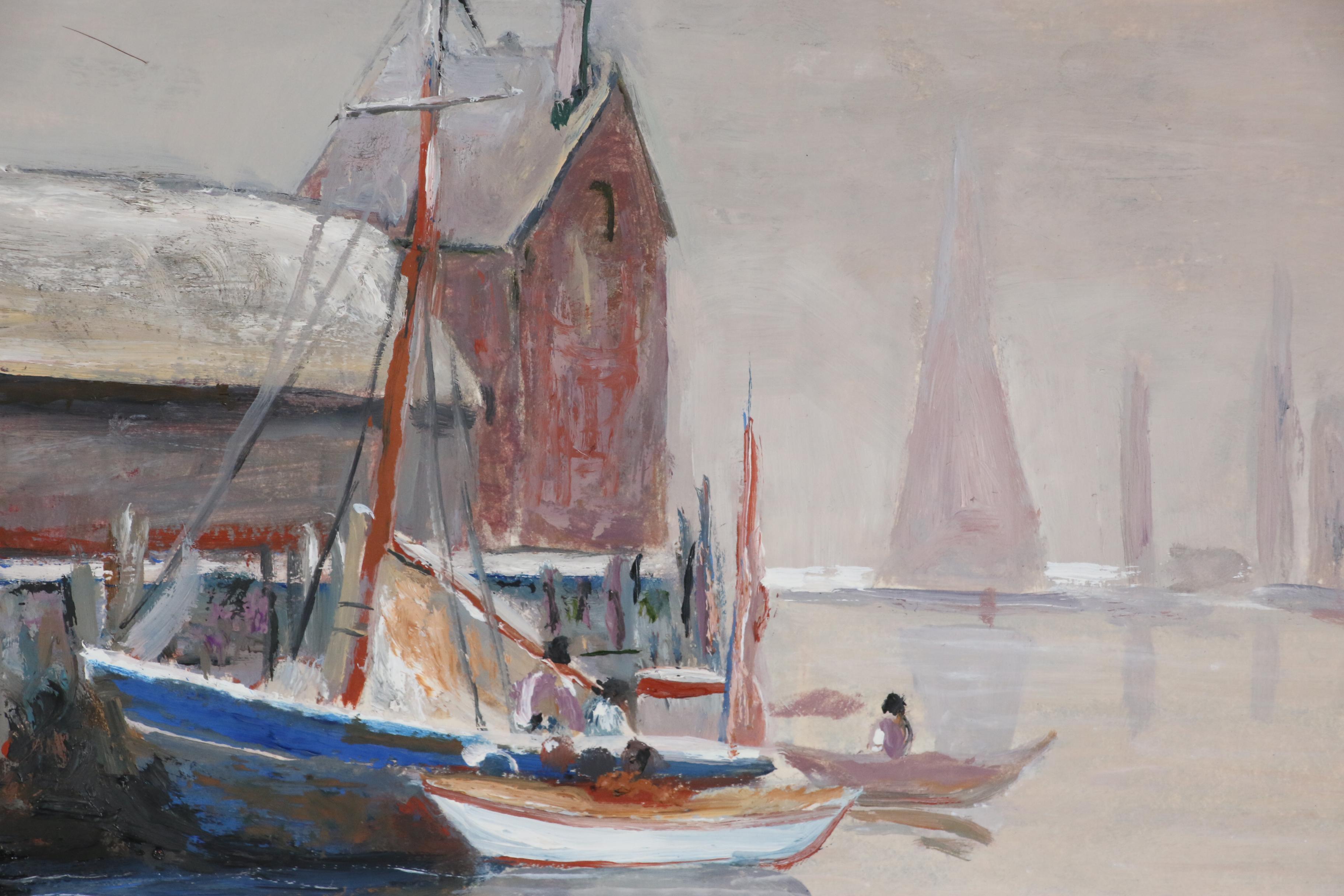 Harbor Scene Oil Painting of Boats at Wharf