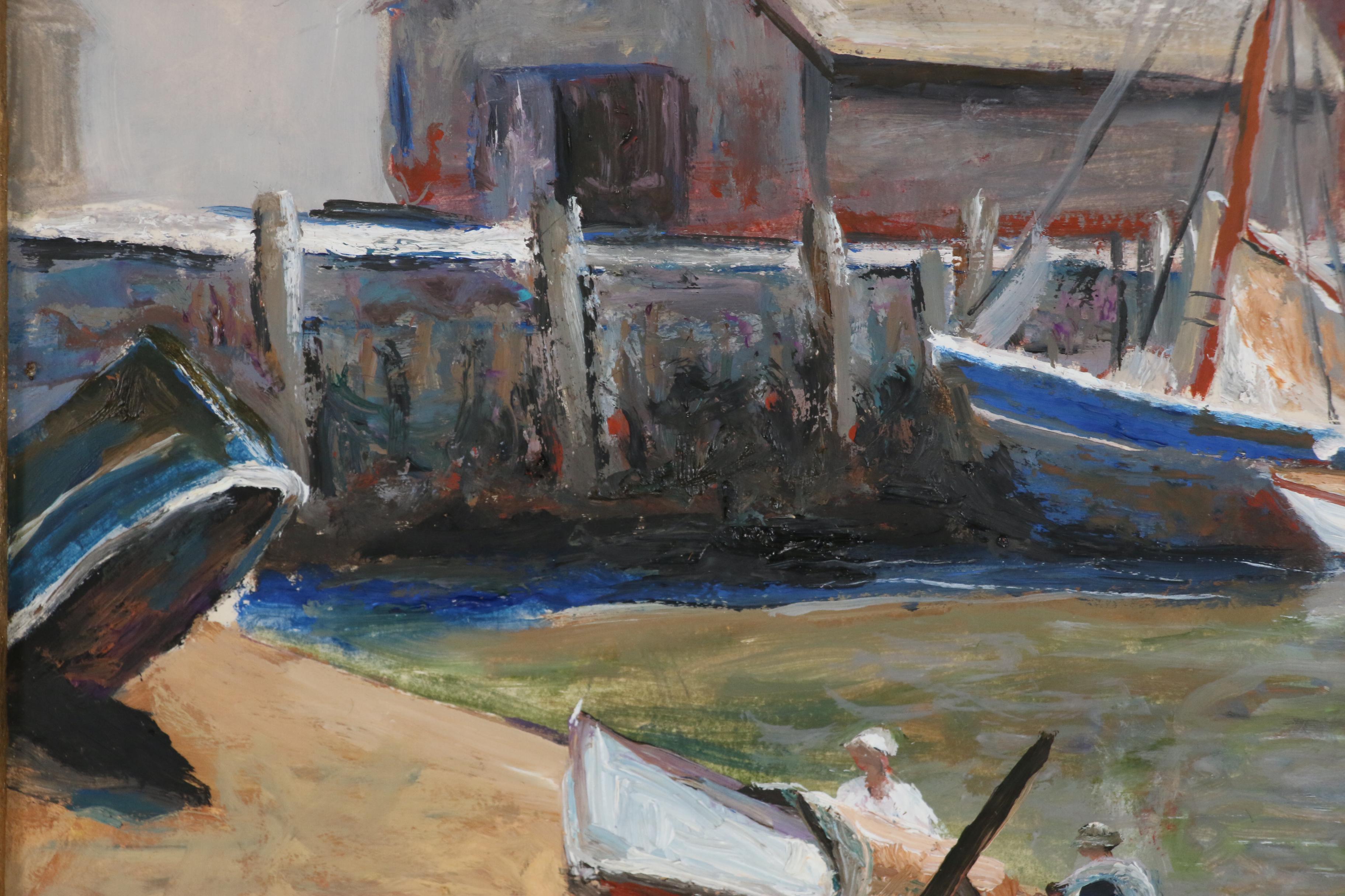 Harbor Scene Oil Painting of Boats at Wharf