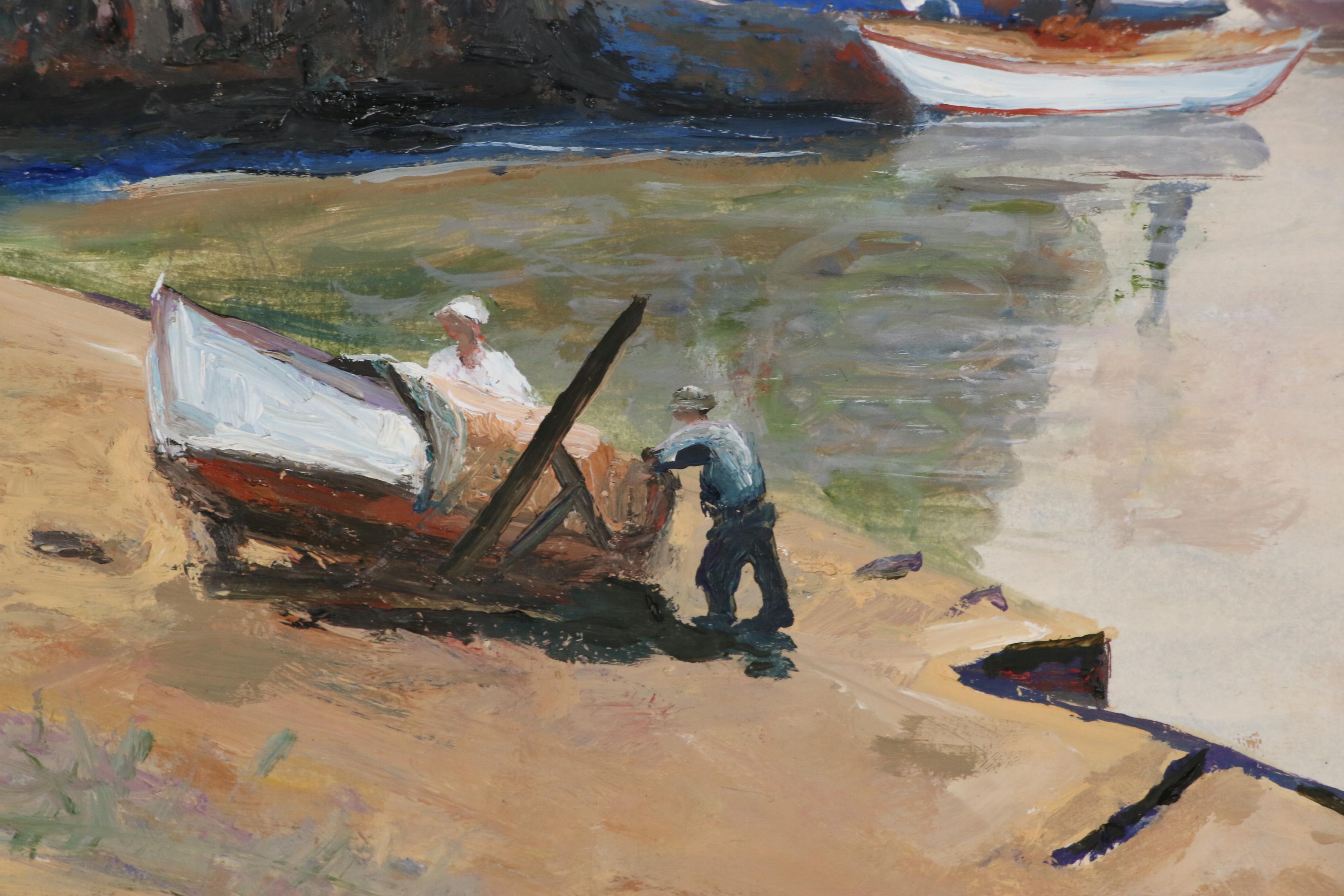 Harbor Scene Oil Painting of Boats at Wharf