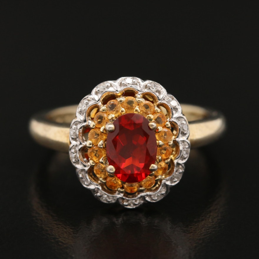 Sterling Silver Fire Opal, Opal and Diamond Scalloped Halo Ring