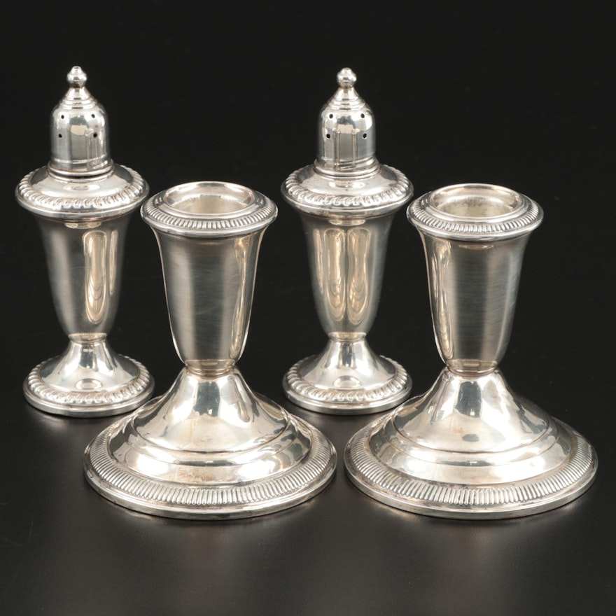 Empire Weighted Sterling Shakers and Crown Weighted Sterling Candle Holders