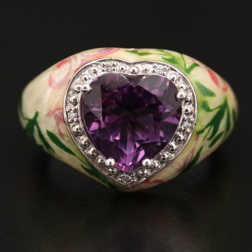 Sterling Silver Amethyst and Cubic Zirconia Heart Ring with Floral Enamel