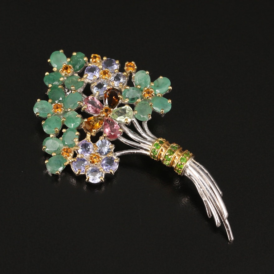 Sterling Silver Floral Brooch with Tanzanite, Emerald and Citrine