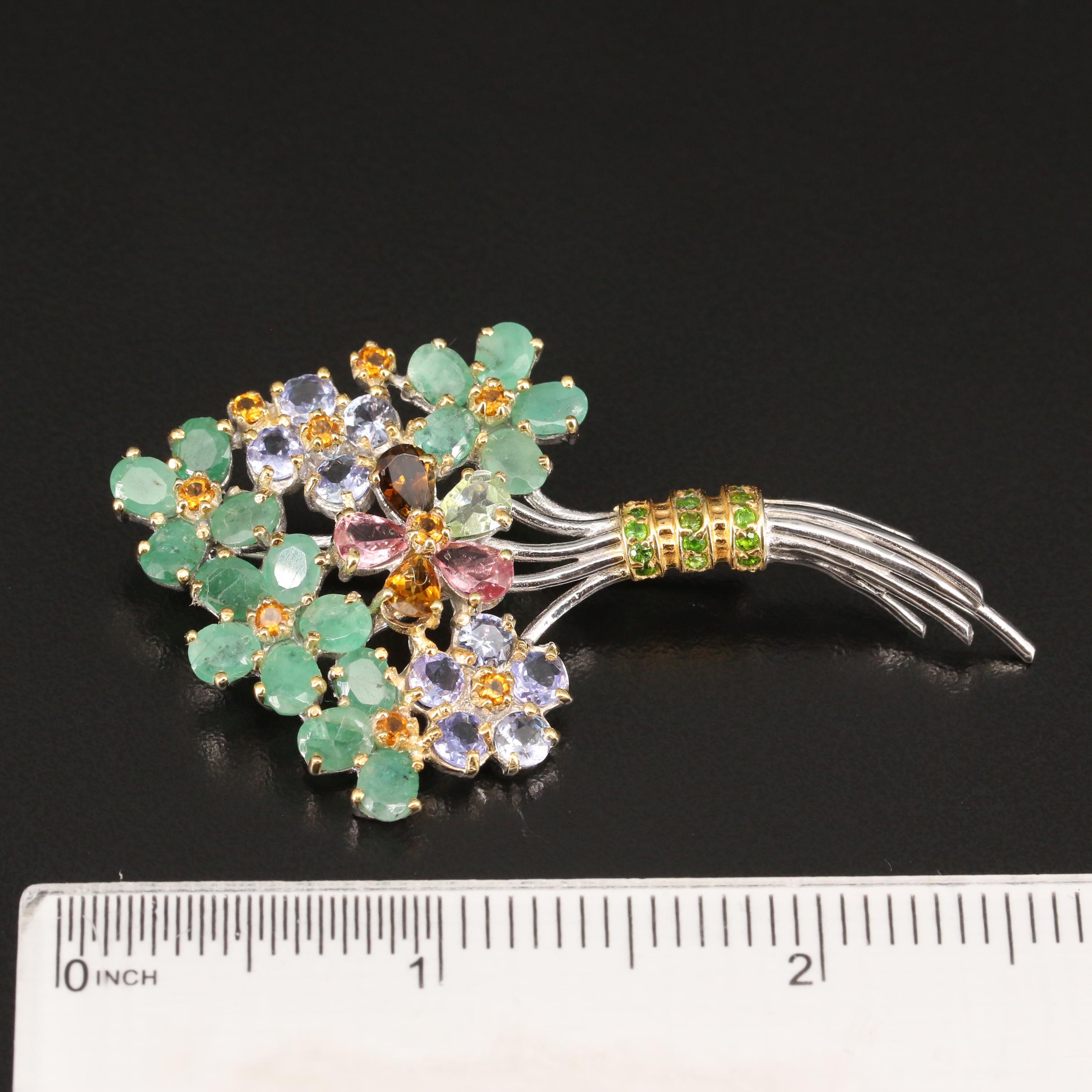 Sterling Silver Floral Brooch with Tanzanite, Emerald and Citrine