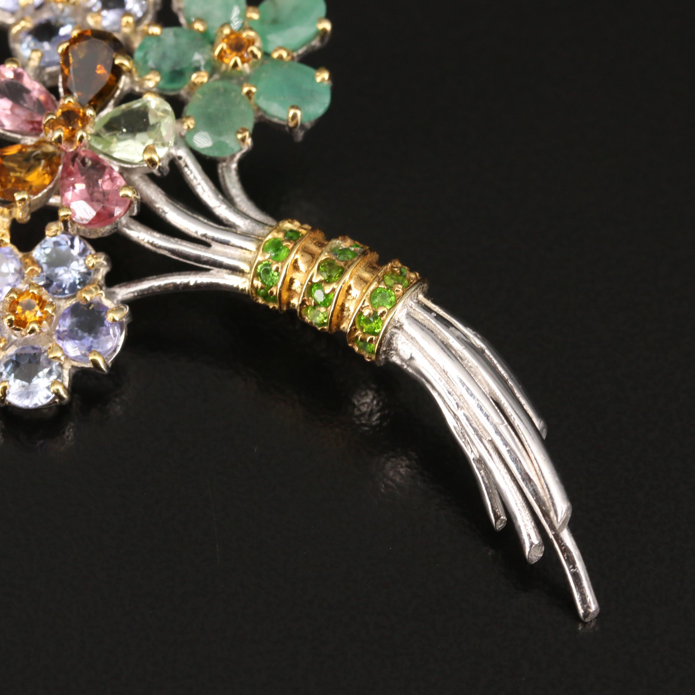 Sterling Silver Floral Brooch with Tanzanite, Emerald and Citrine