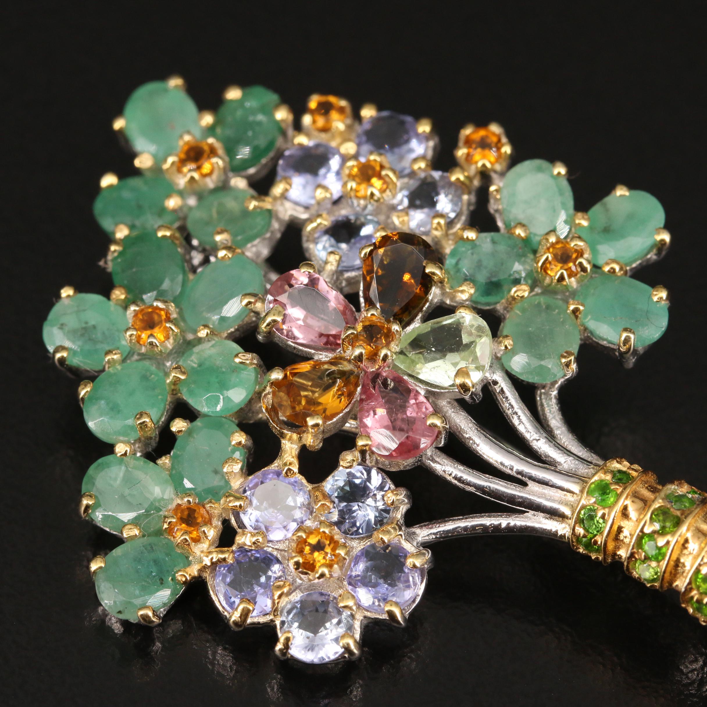 Sterling Silver Floral Brooch with Tanzanite, Emerald and Citrine