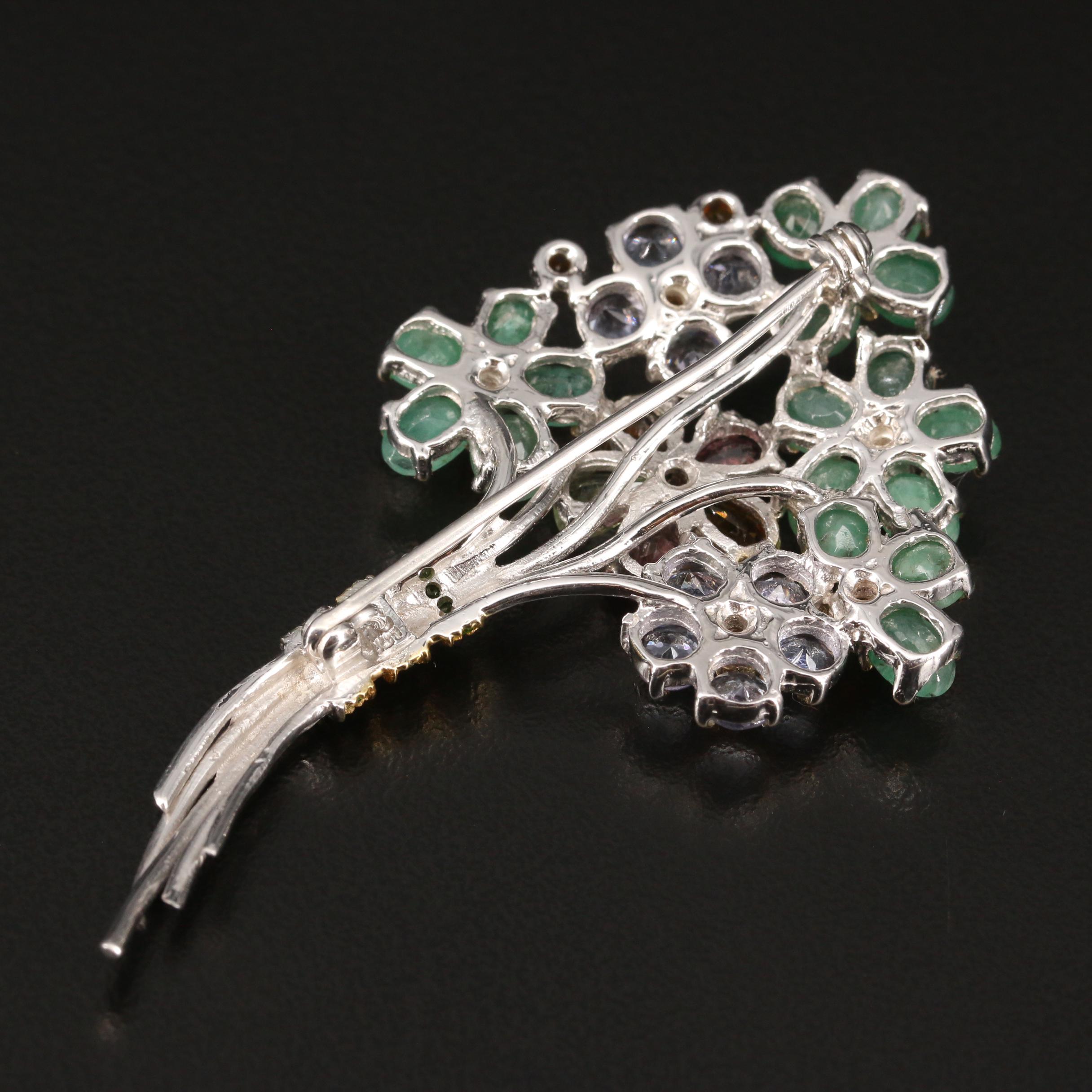 Sterling Silver Floral Brooch with Tanzanite, Emerald and Citrine