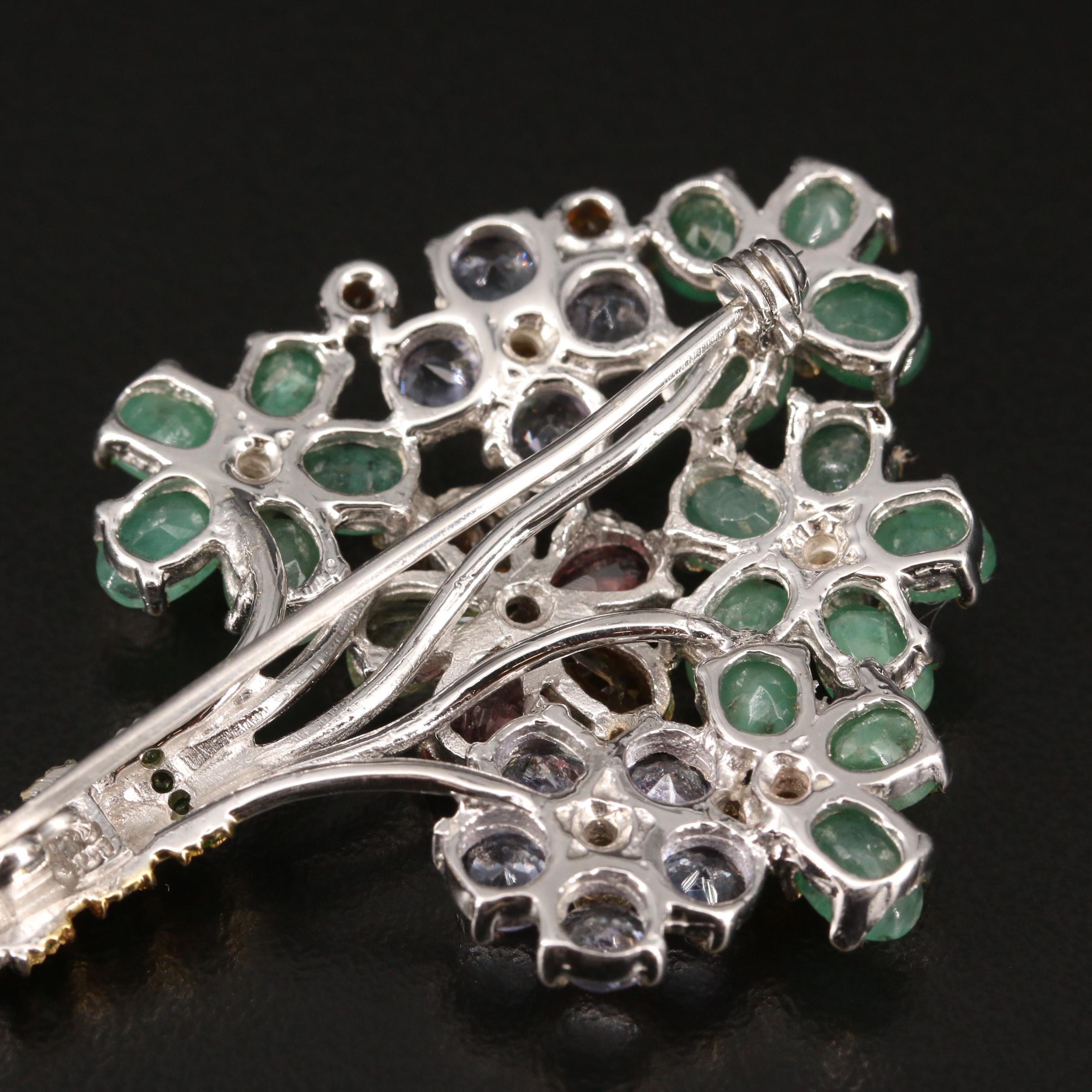 Sterling Silver Floral Brooch with Tanzanite, Emerald and Citrine