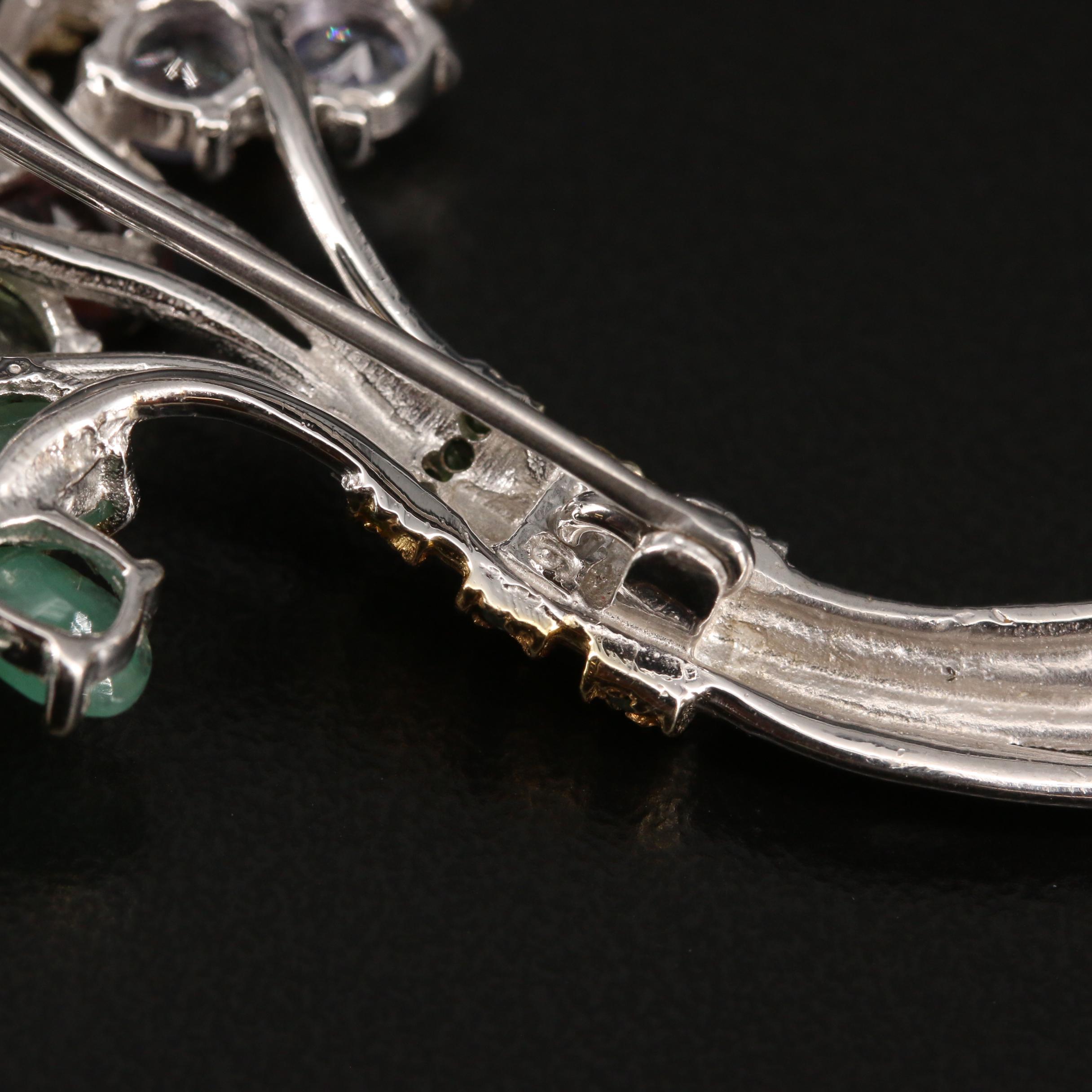 Sterling Silver Floral Brooch with Tanzanite, Emerald and Citrine