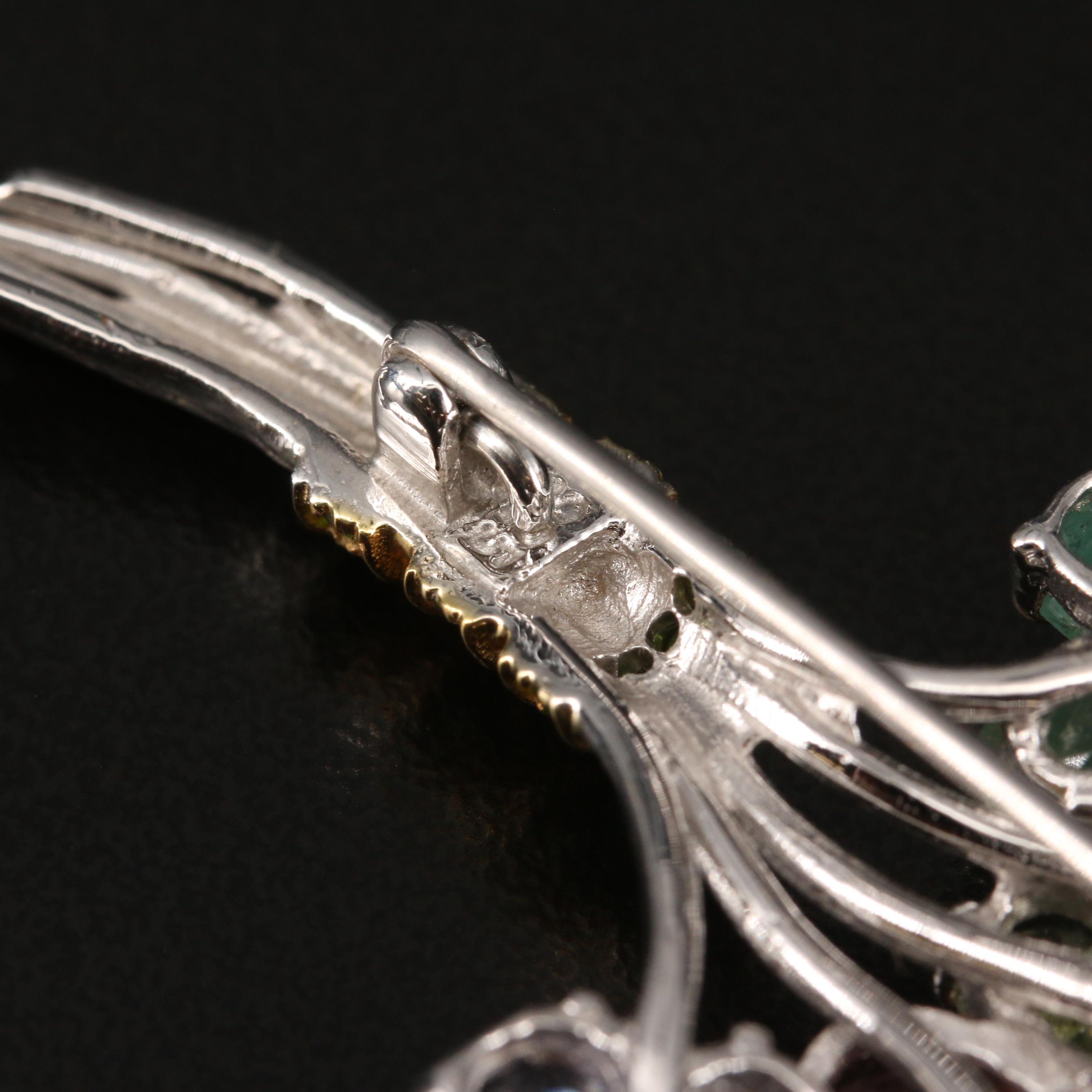 Sterling Silver Floral Brooch with Tanzanite, Emerald and Citrine