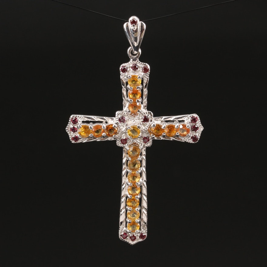 Sterling Silver Cross Pendant with Sapphire and Rhodolite Garnet