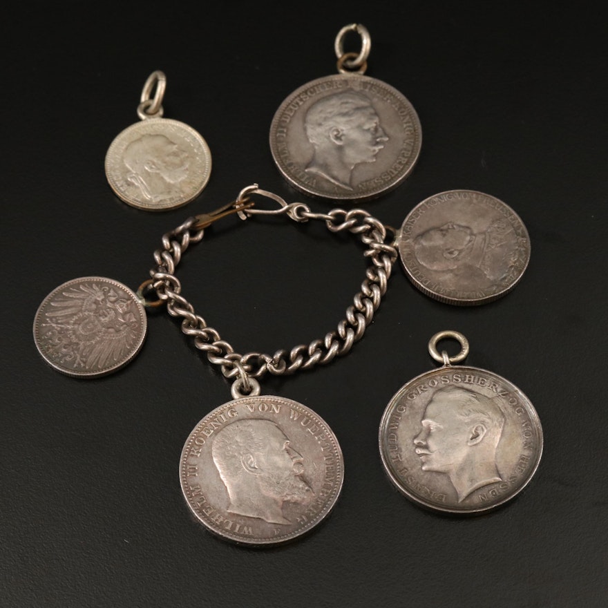 Sterling Charm Bracelet with Medal, Hungarian and German Coins