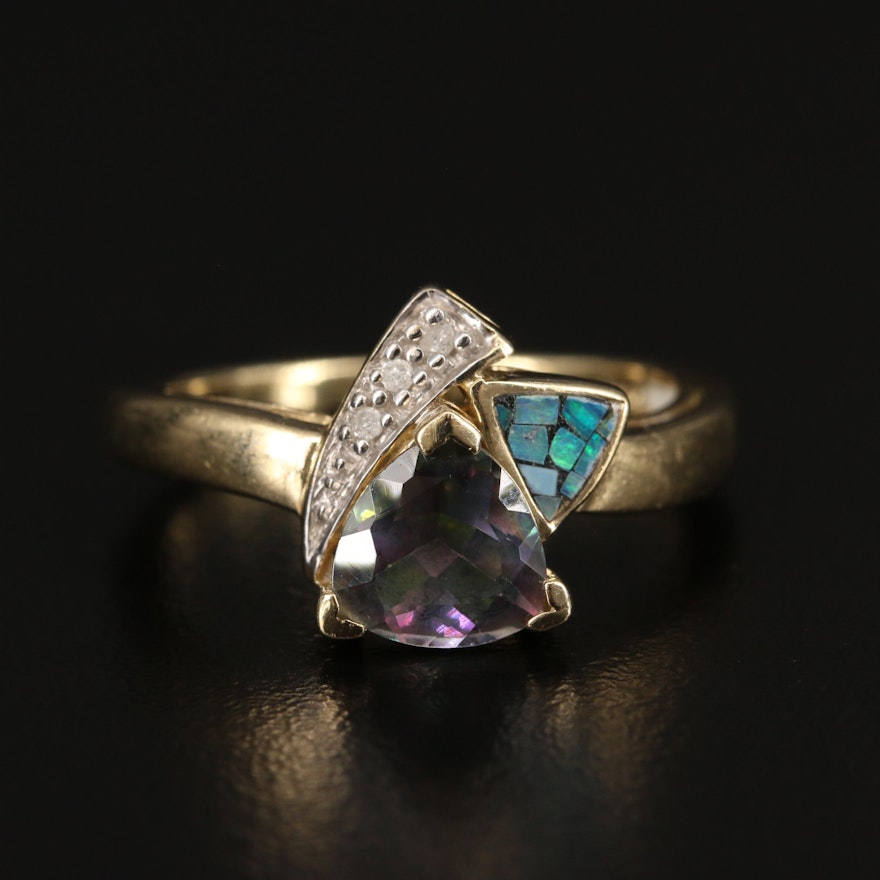 10K Mystic Topaz, Opal Mosaic and Diamond Triangular Ring