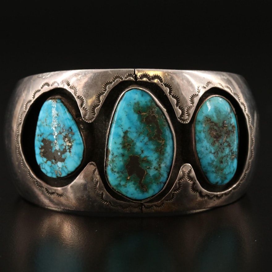 Hand Stamped Southwestern Sterling and Turquoise Shadowbox Cuff