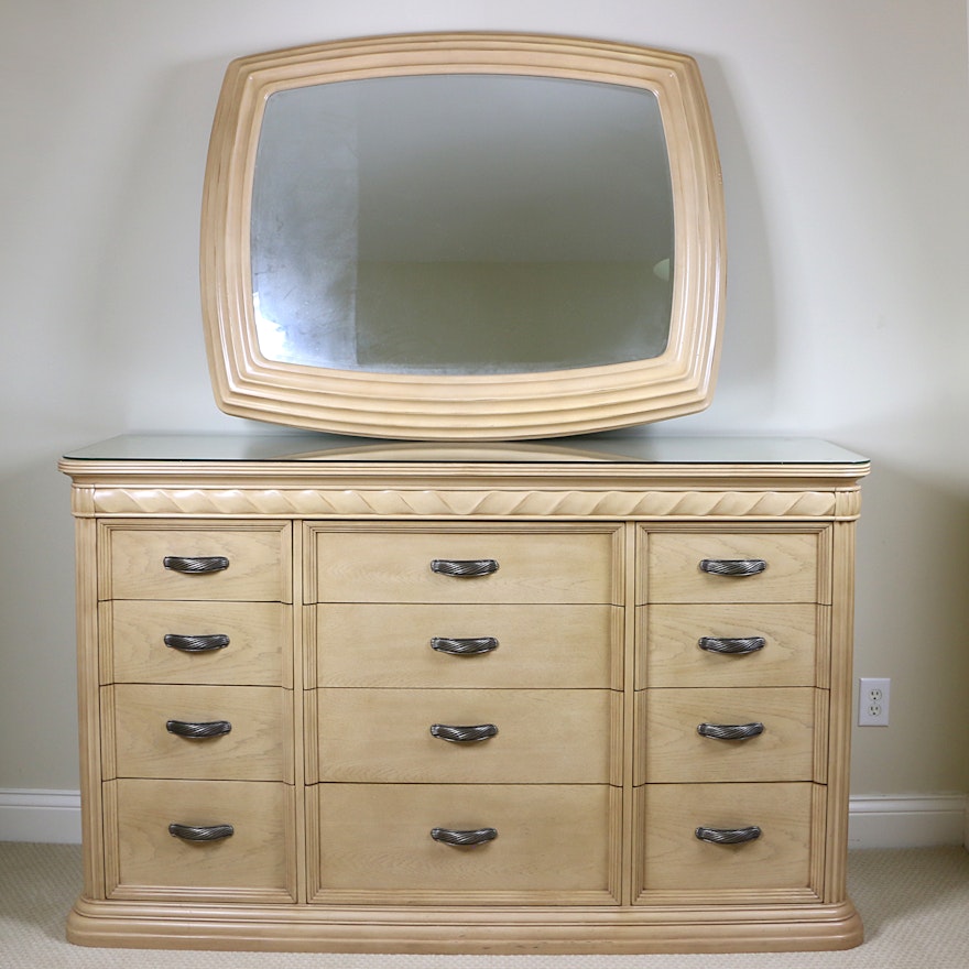 Bernhardt Blonde Oak Carved Twist-Motif Dresser and Wall Mirror, Late 20th C.