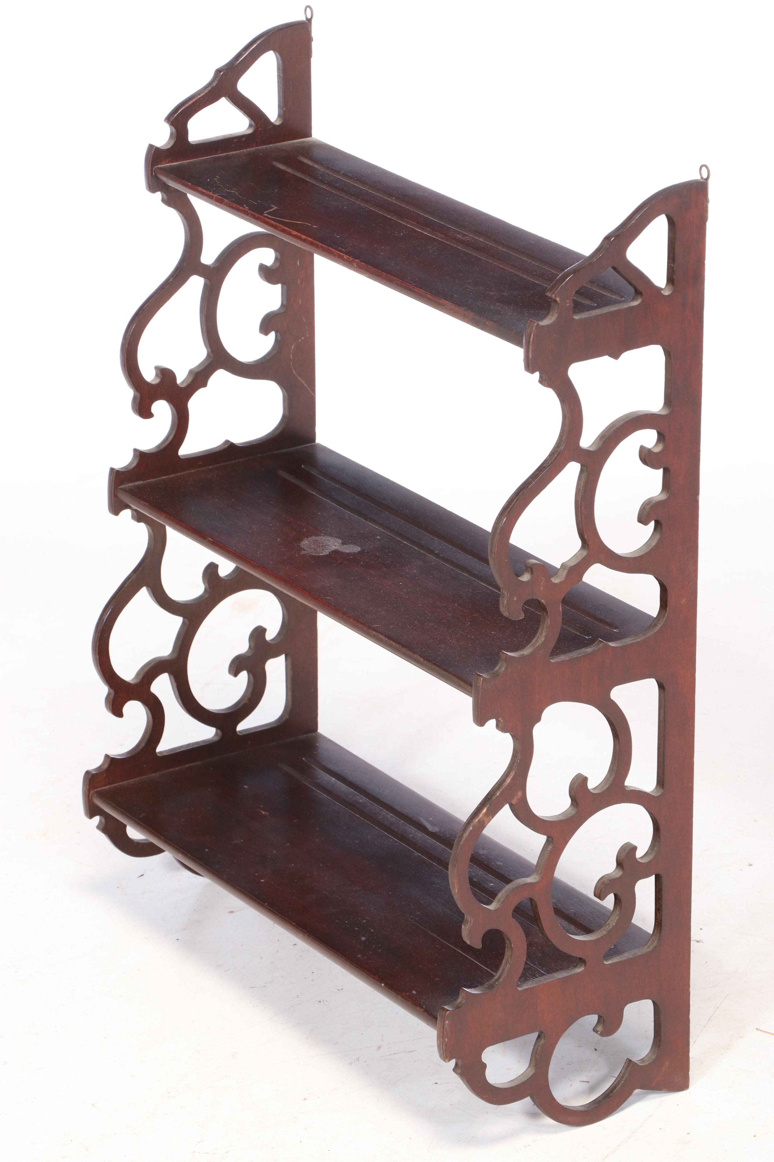 Pair of Mahogany Finish Scrolled Wood Wall Shelve with Plate Grooves