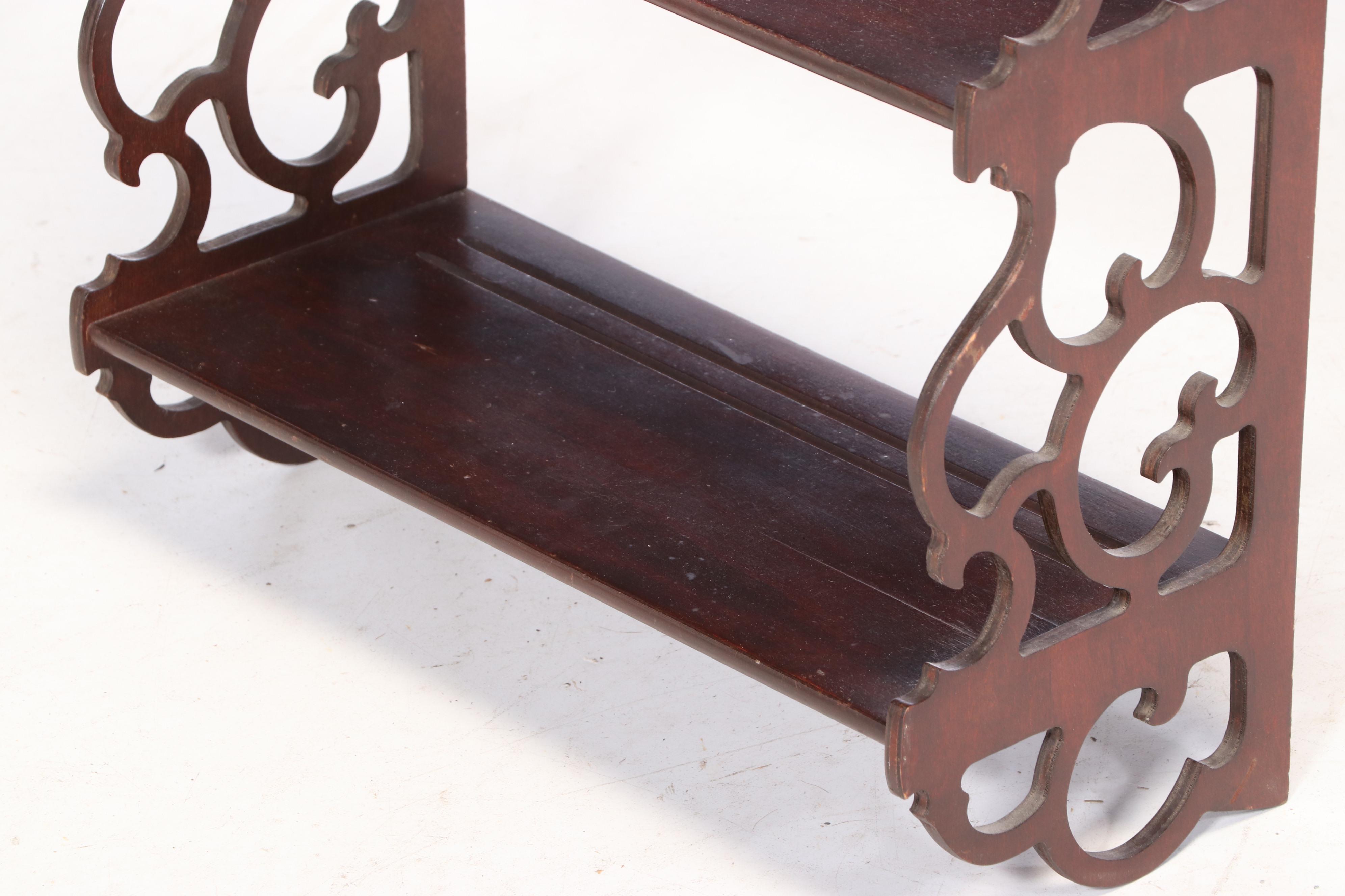 Pair of Mahogany Finish Scrolled Wood Wall Shelve with Plate Grooves