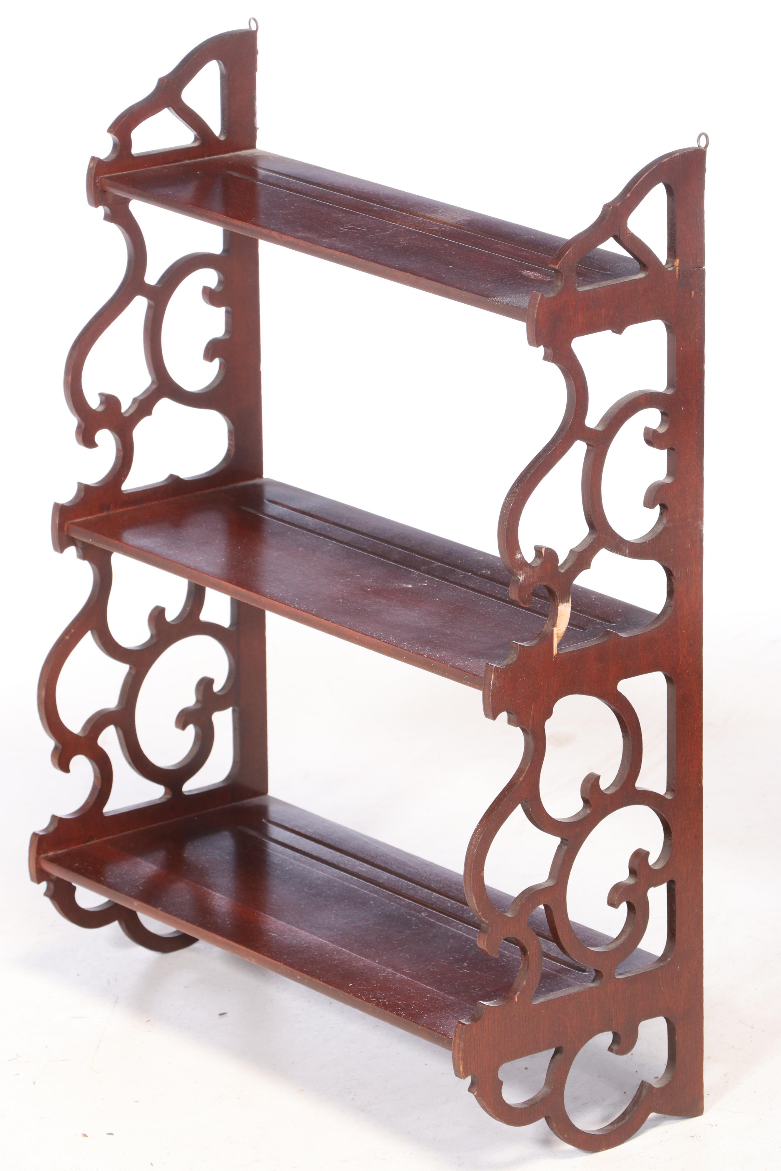 Pair of Mahogany Finish Scrolled Wood Wall Shelve with Plate Grooves