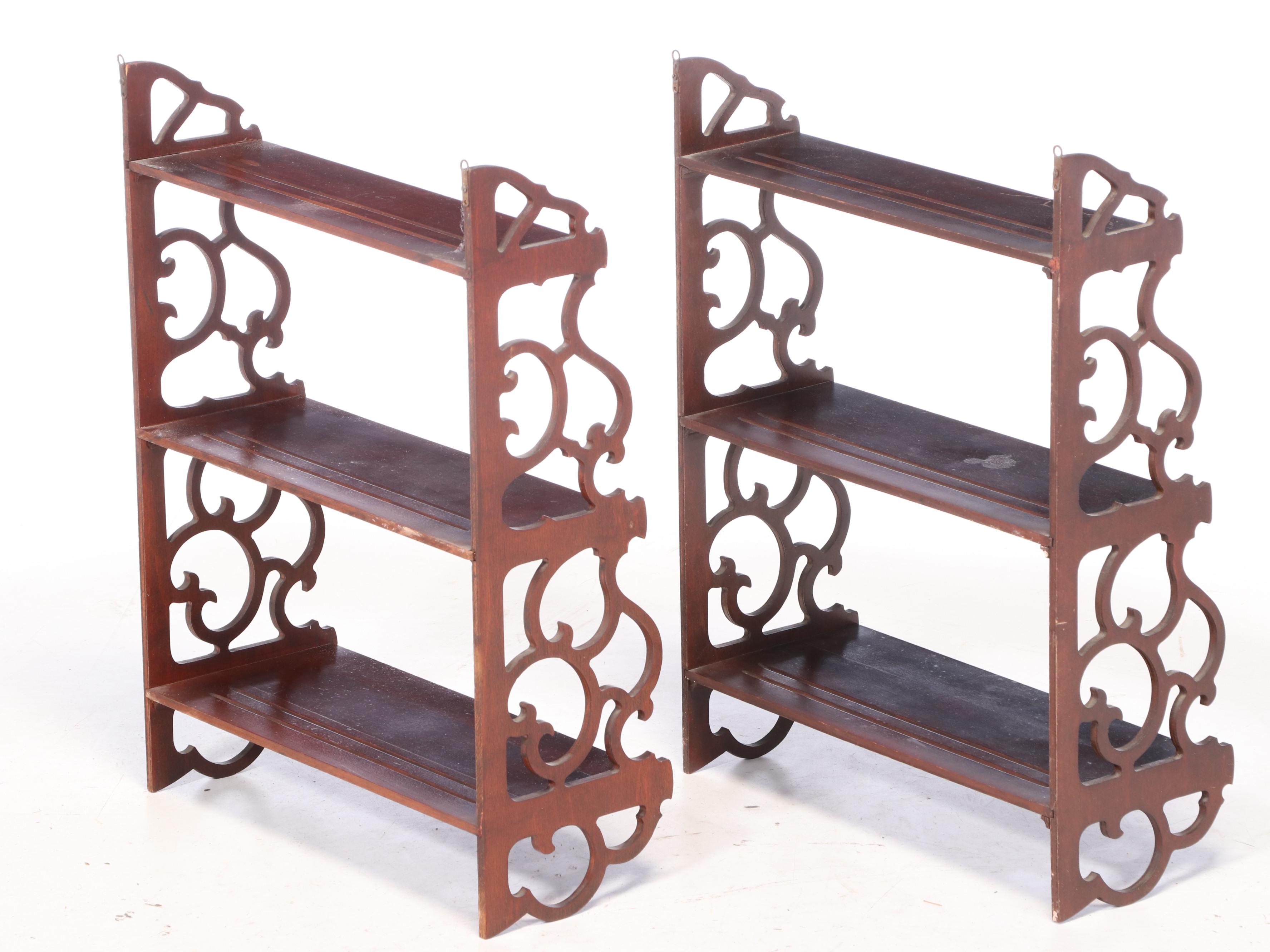 Pair of Mahogany Finish Scrolled Wood Wall Shelve with Plate Grooves