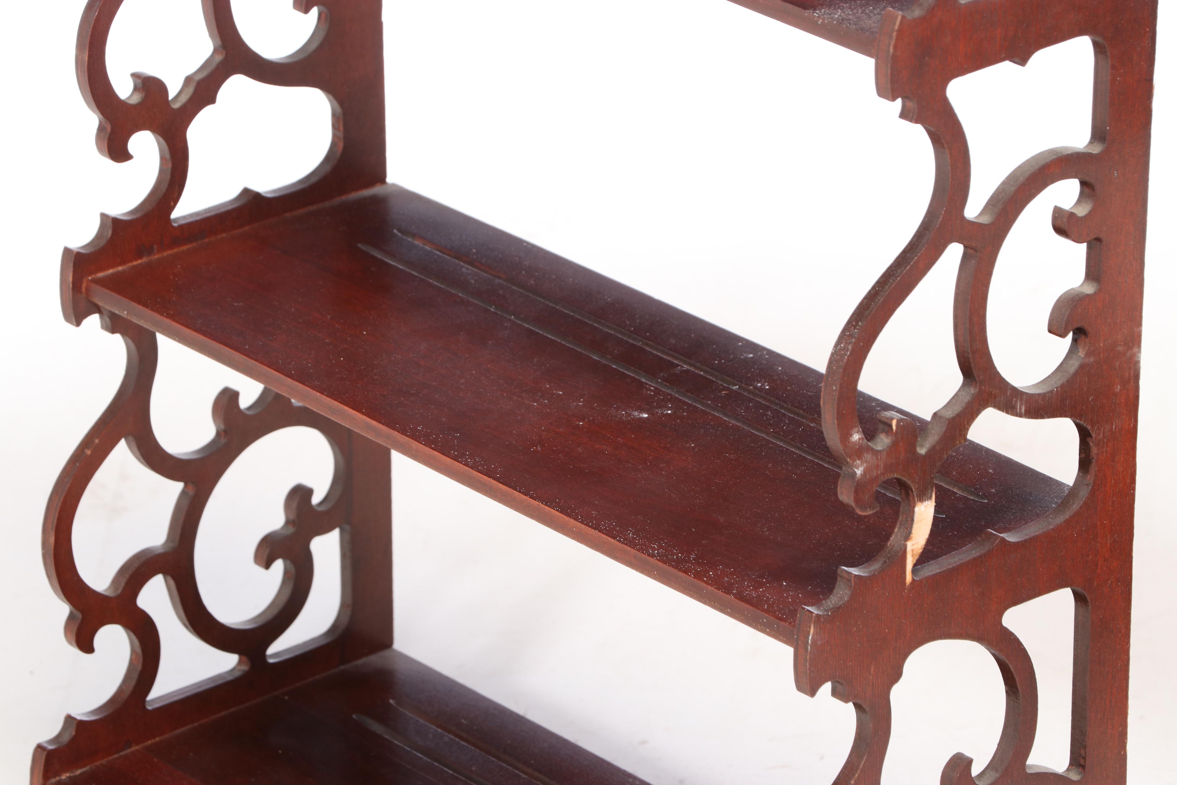 Pair of Mahogany Finish Scrolled Wood Wall Shelve with Plate Grooves