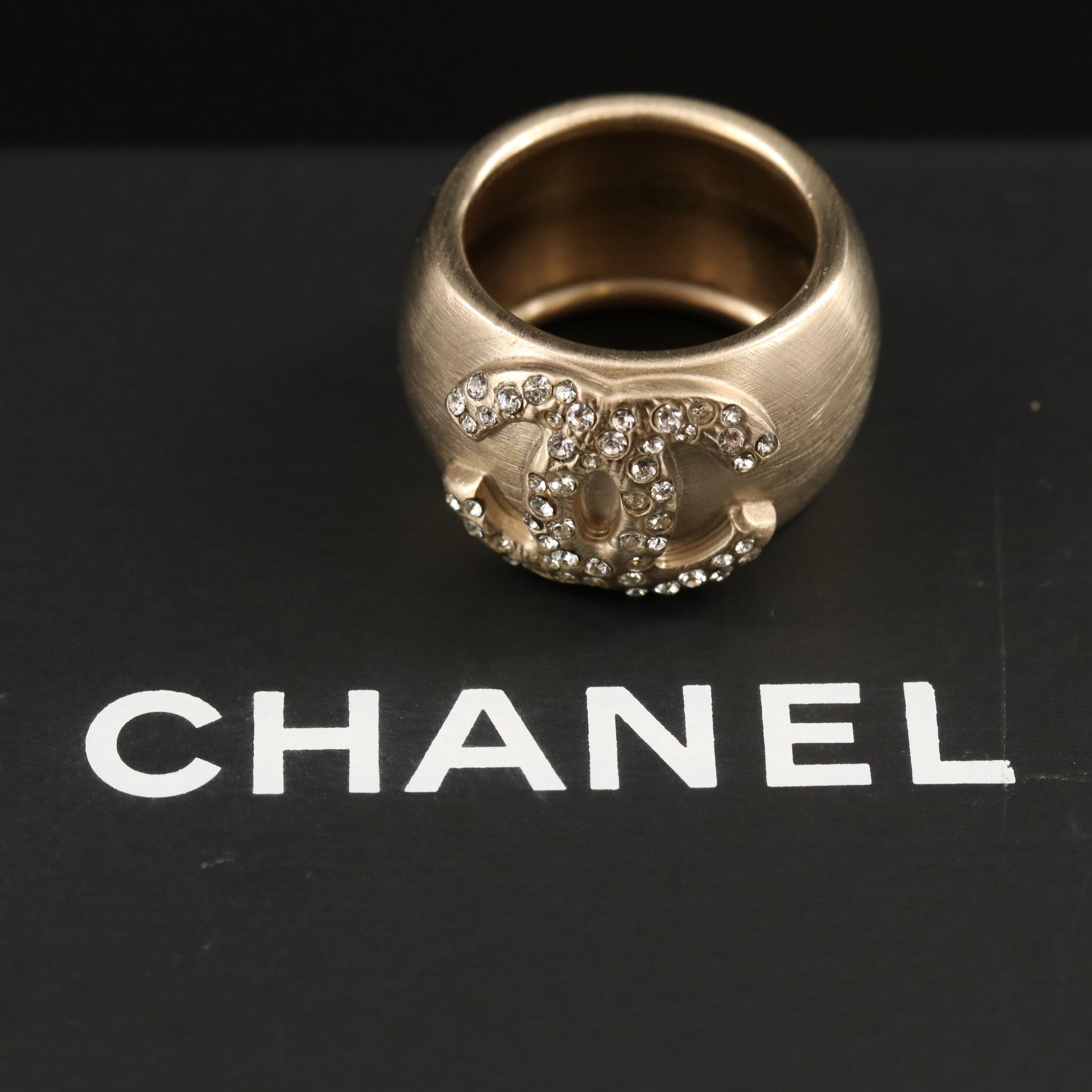 Chanel 2008 Spring Collection Half-Round CC Logo Rhinestone Ring