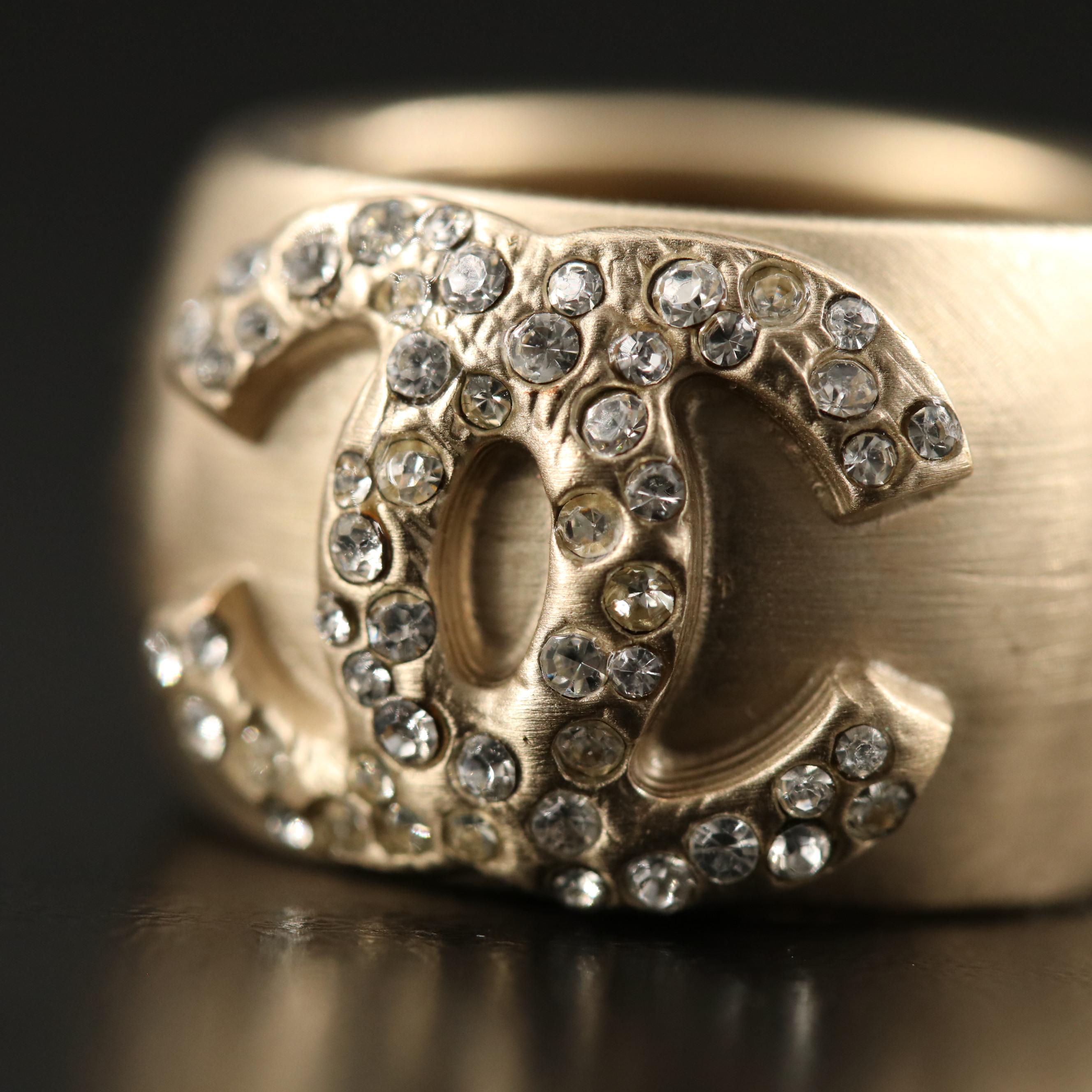 Chanel 2008 Spring Collection Half-Round CC Logo Rhinestone Ring