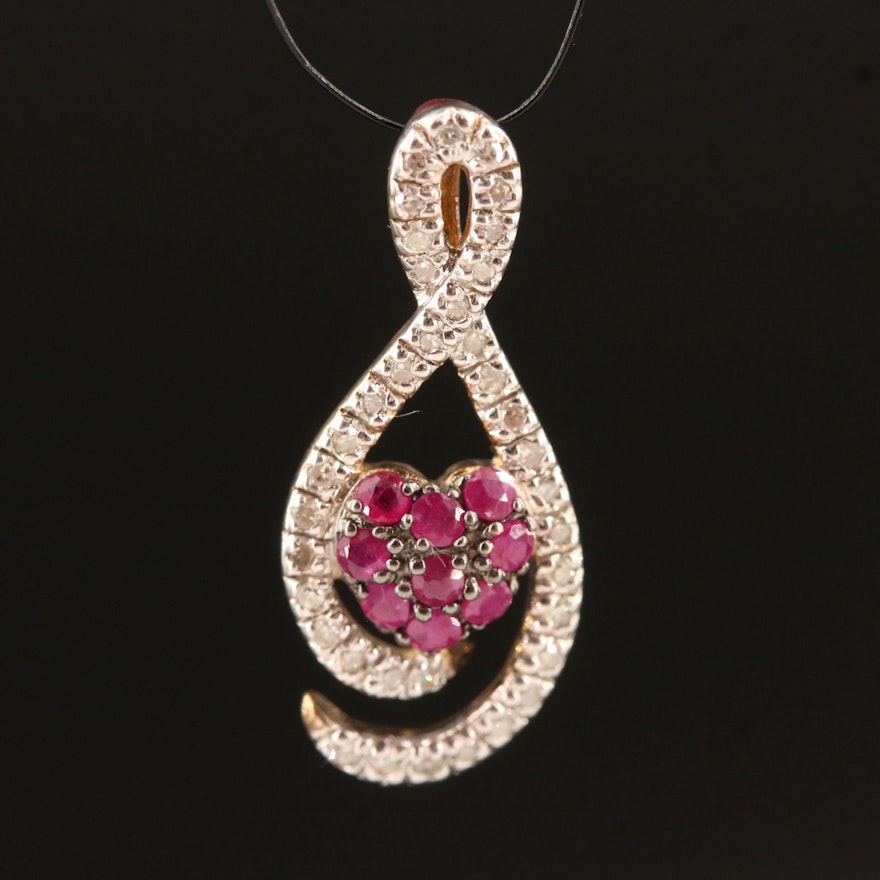 Sterling Silver Ruby and Diamond Heart Pendant