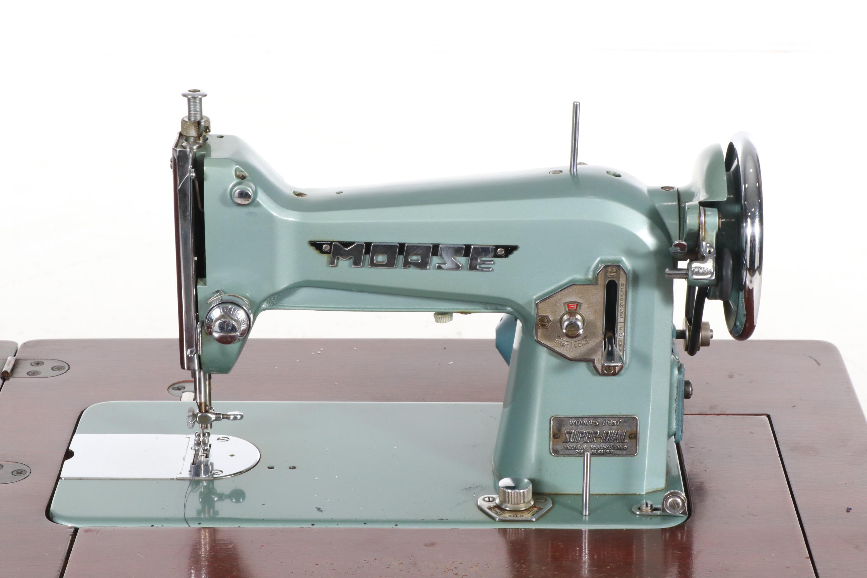 Morse Teal Metal Sewing Machine and Table, Mid-20th Century