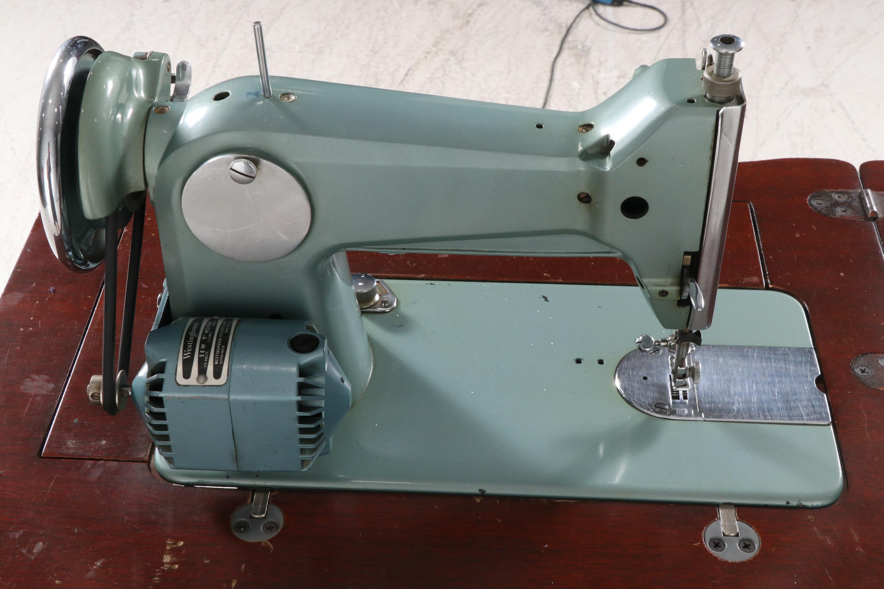 Morse Teal Metal Sewing Machine and Table, Mid-20th Century