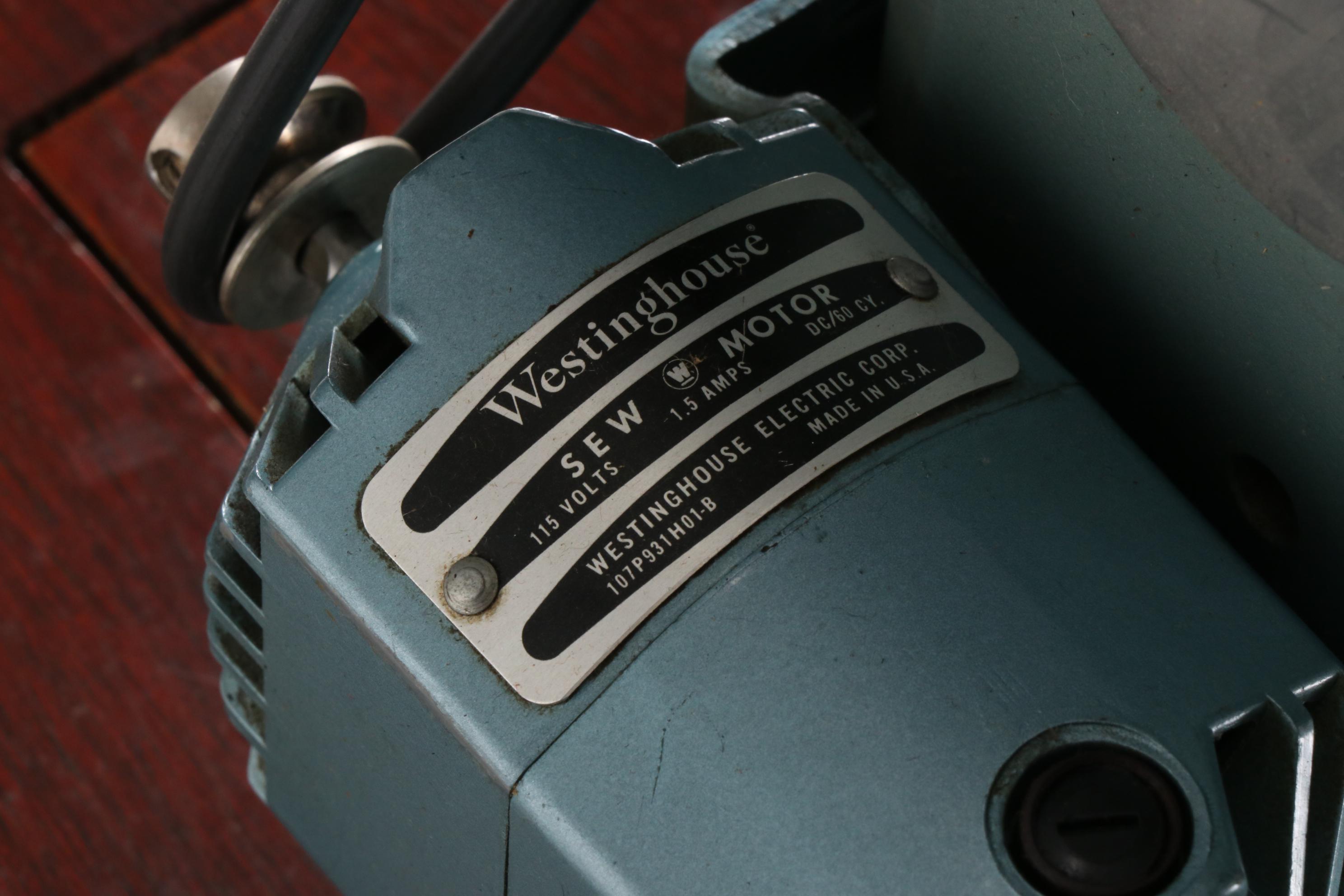 Morse Teal Metal Sewing Machine and Table, Mid-20th Century