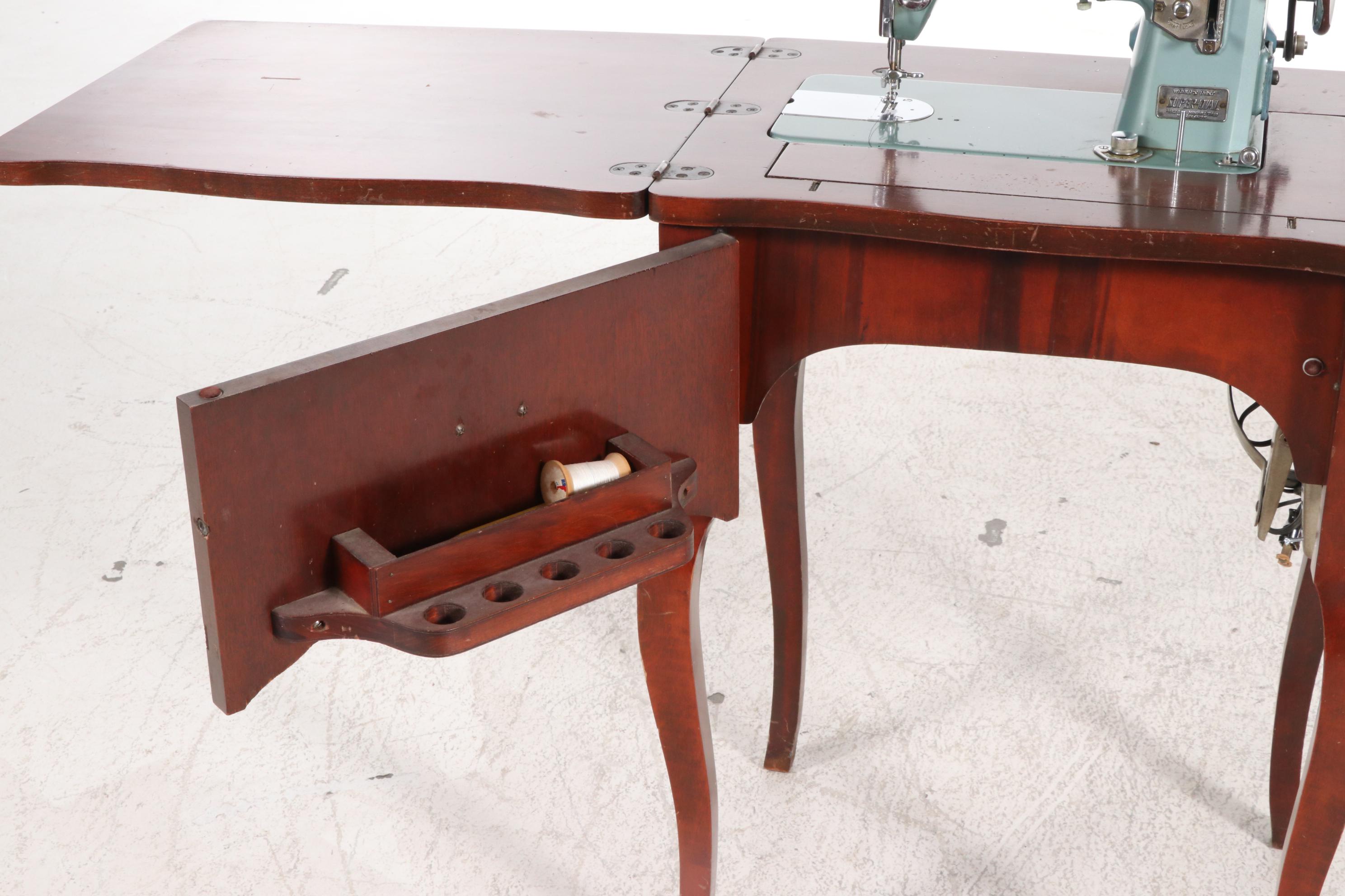 Morse Teal Metal Sewing Machine and Table, Mid-20th Century