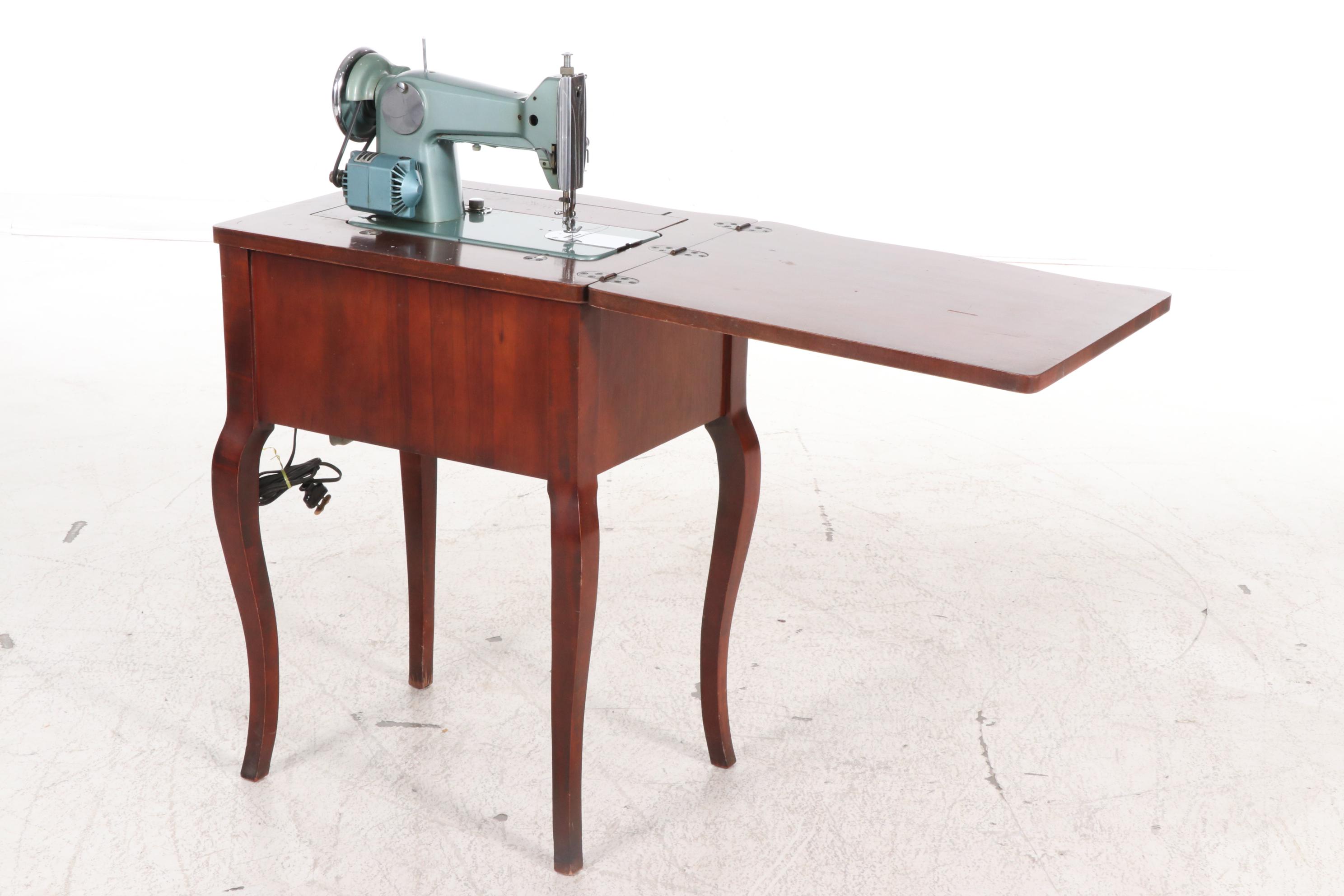 Morse Teal Metal Sewing Machine and Table, Mid-20th Century