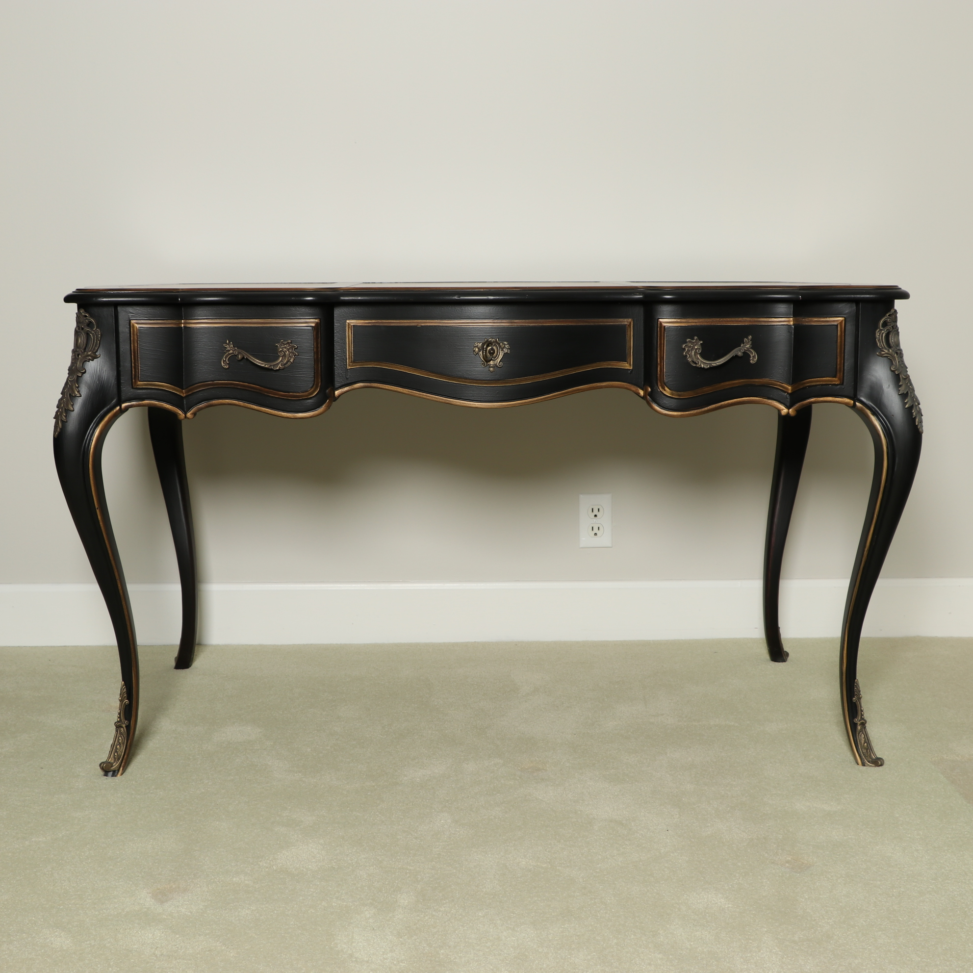 Drexel Heritage Louis XV Style Embossed Leather Top Black Desk