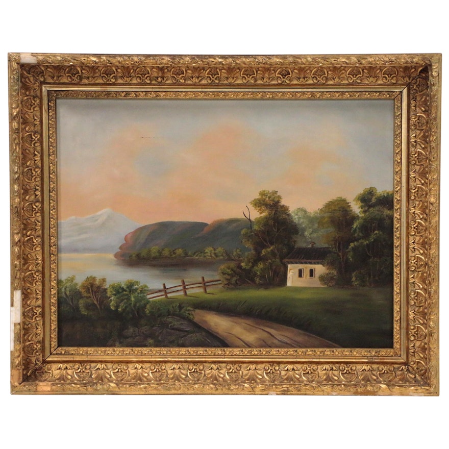 Landscape Oil Painting of Lake Scene, Mid 20th Century