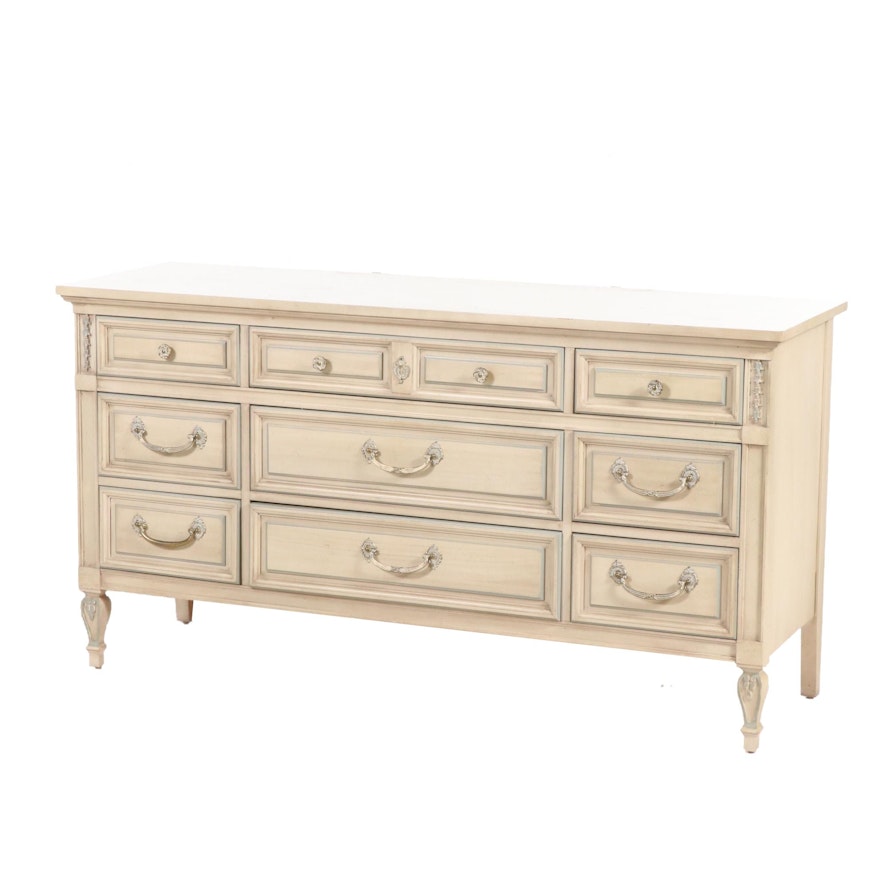 Dixie Furniture French Provincial Style Cream-Painted Dresser with Blue Accents