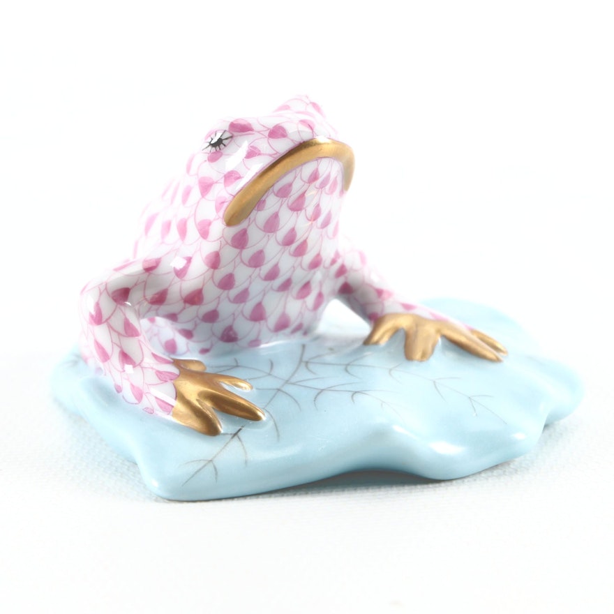 Herend Pink Fishnet "Frog on Lily Pad" Porcelain Figurine, October 1993