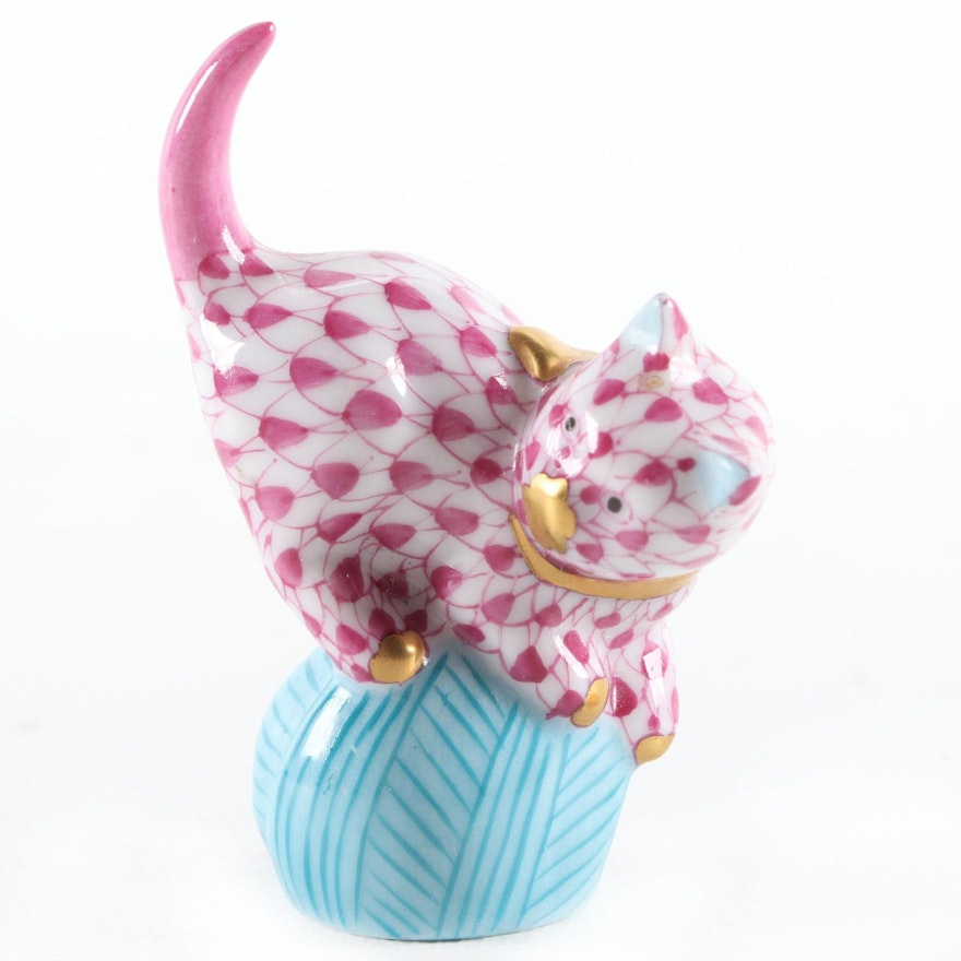 Herend Pink Fishnet with Gold "Mischievous Cat" Porcelain Figurine, January 2000