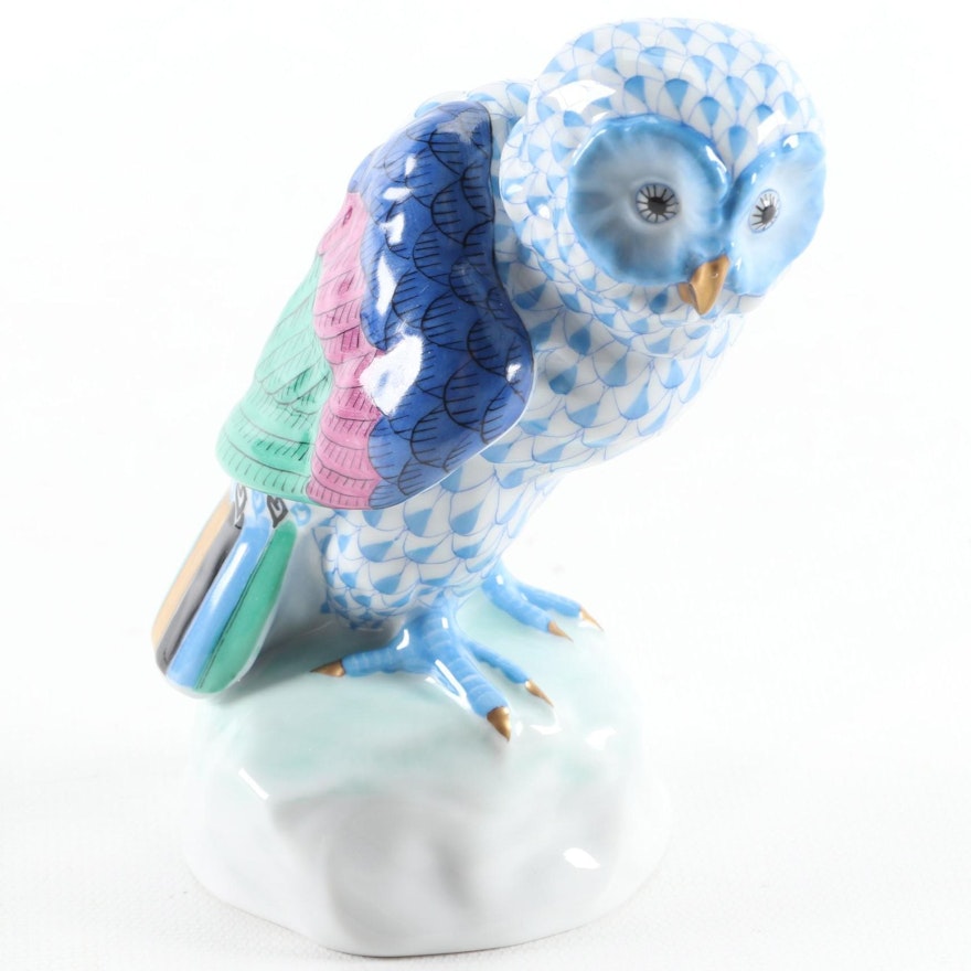 Herend Blue Fishnet with Gold "Owl" Porcelain Figurine