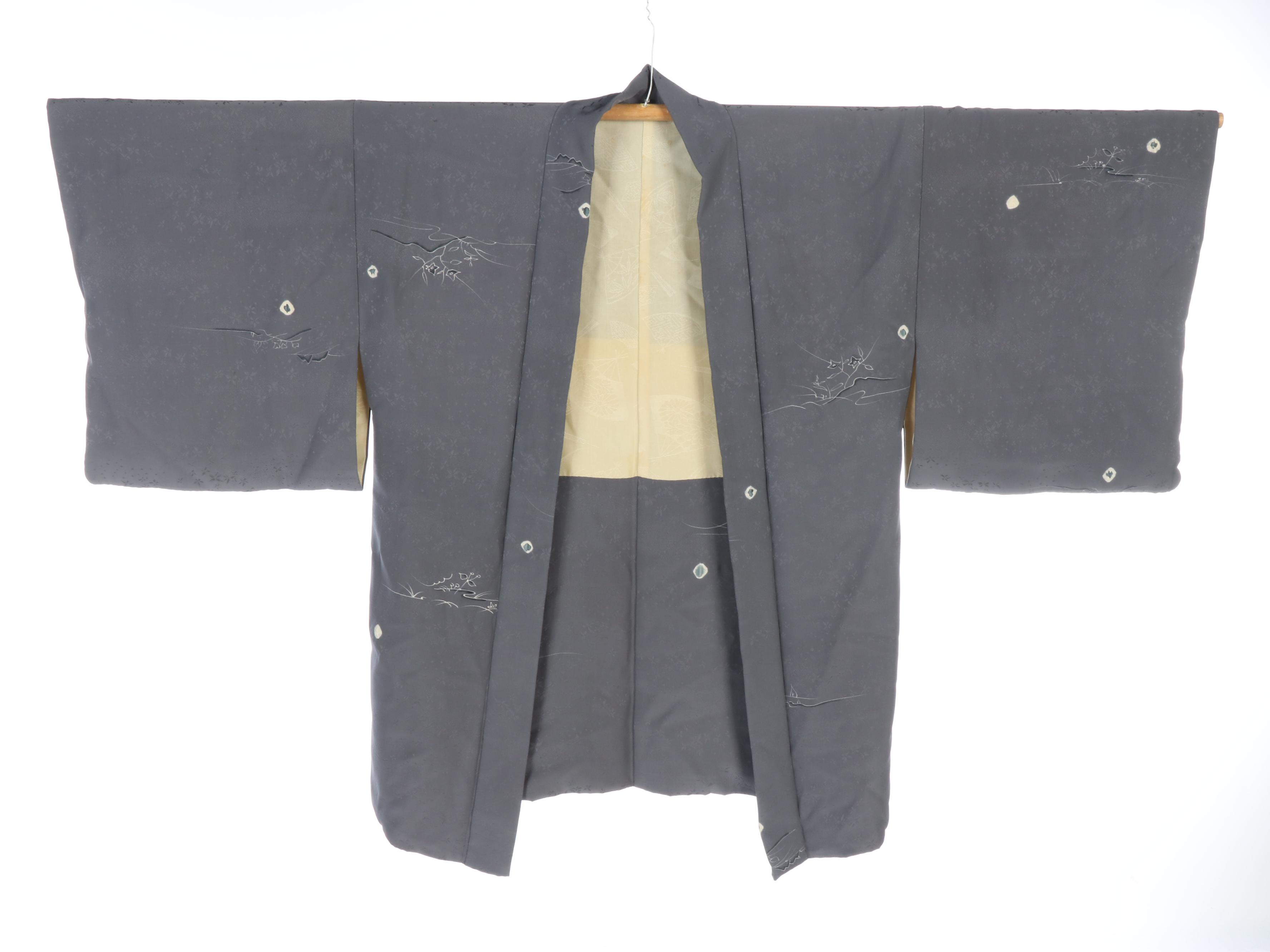 Slate Blue/Gray Silk Haori with Shibori and Yuzen Accents