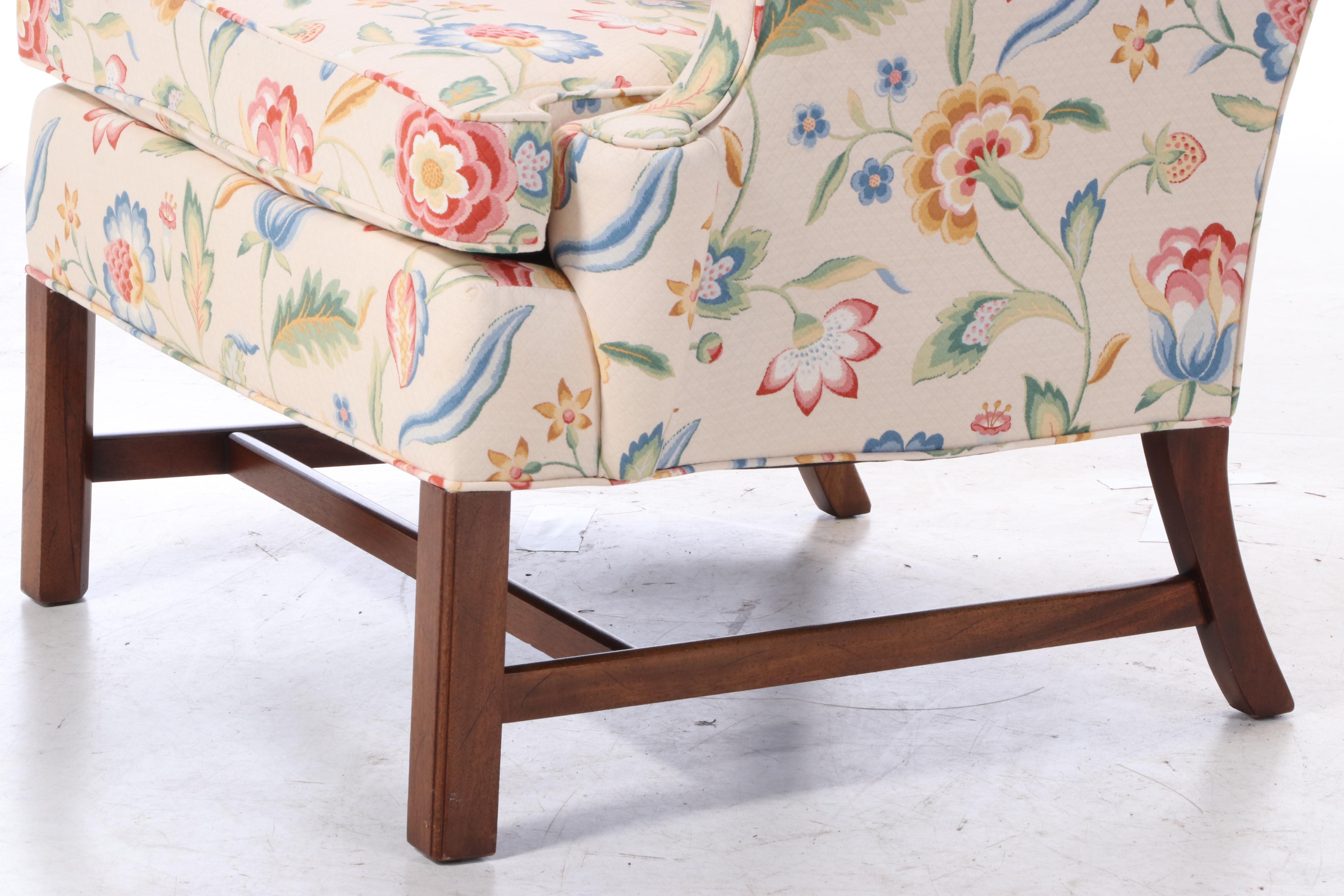 Hickory Chair Chippendale Style Floral-Upholstered Mahogany Wingback Armchair