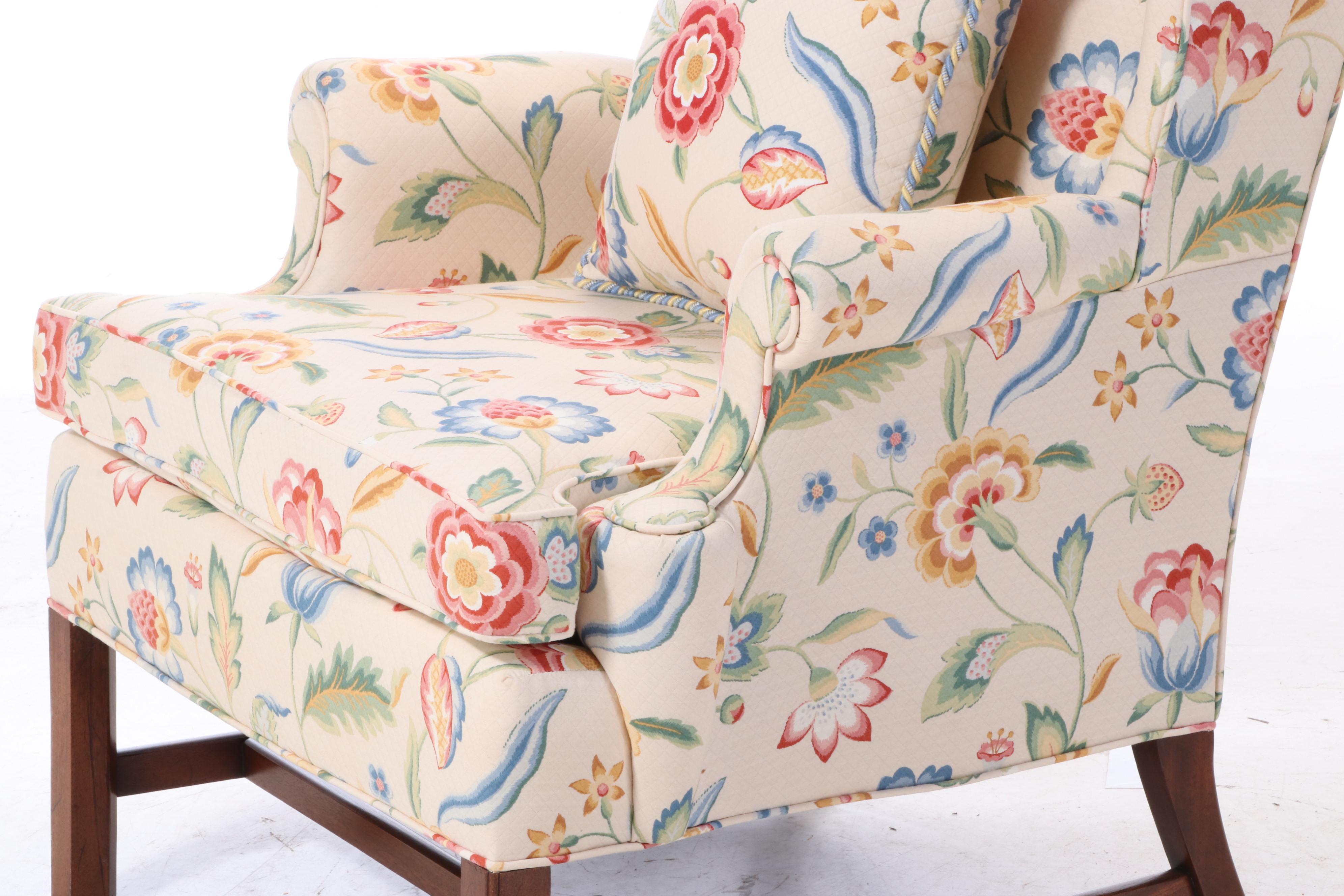 Hickory Chair Chippendale Style Floral-Upholstered Mahogany Wingback Armchair