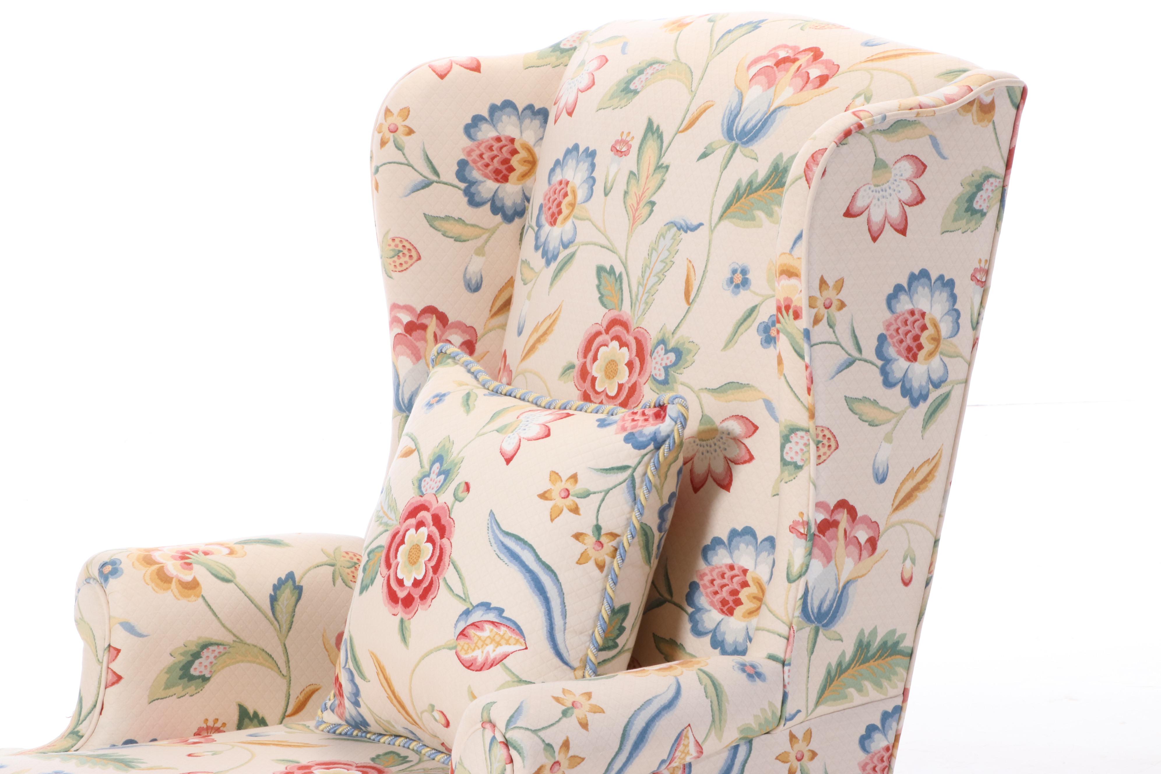 Hickory Chair Chippendale Style Floral-Upholstered Mahogany Wingback Armchair