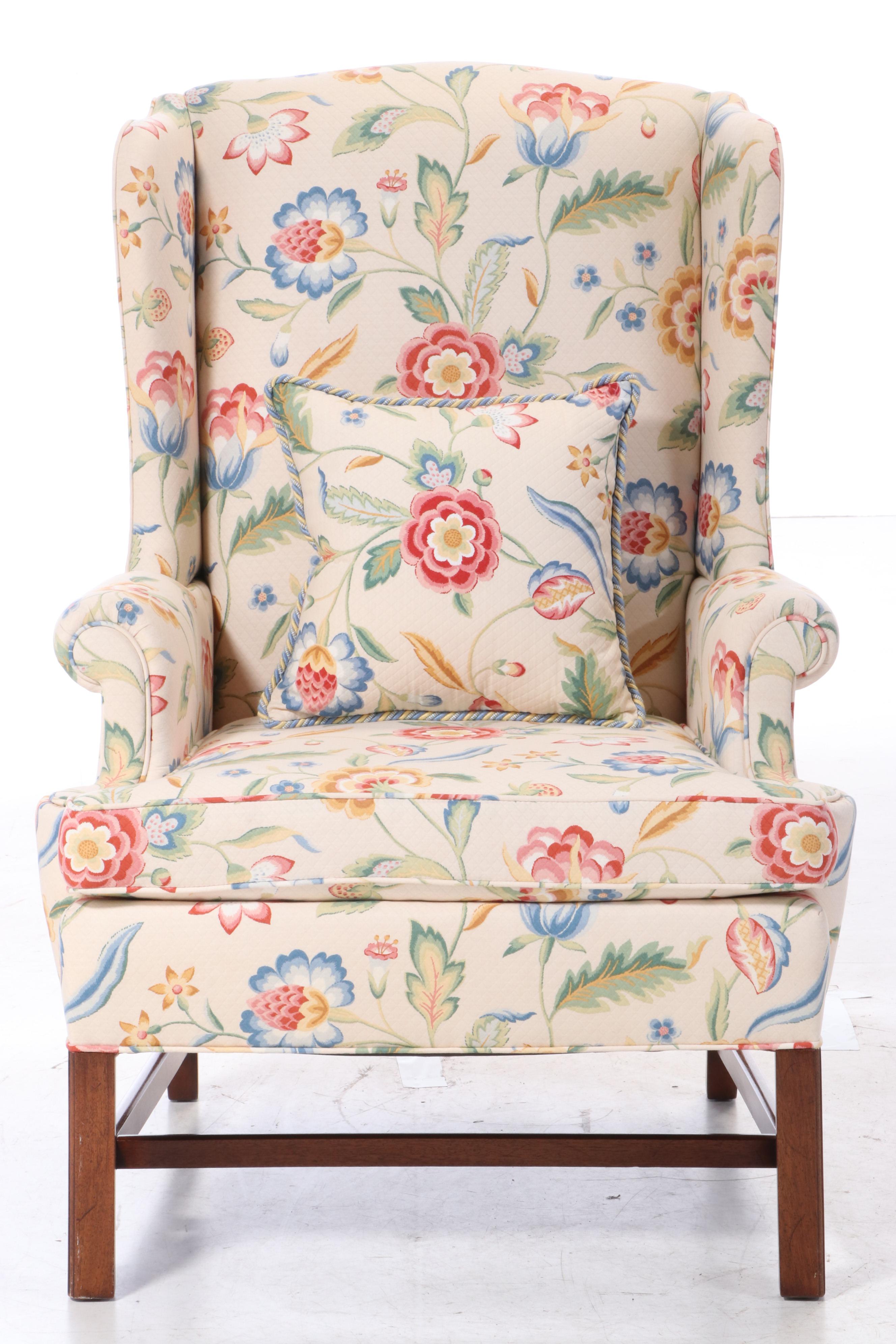 Hickory Chair Chippendale Style Floral-Upholstered Mahogany Wingback Armchair
