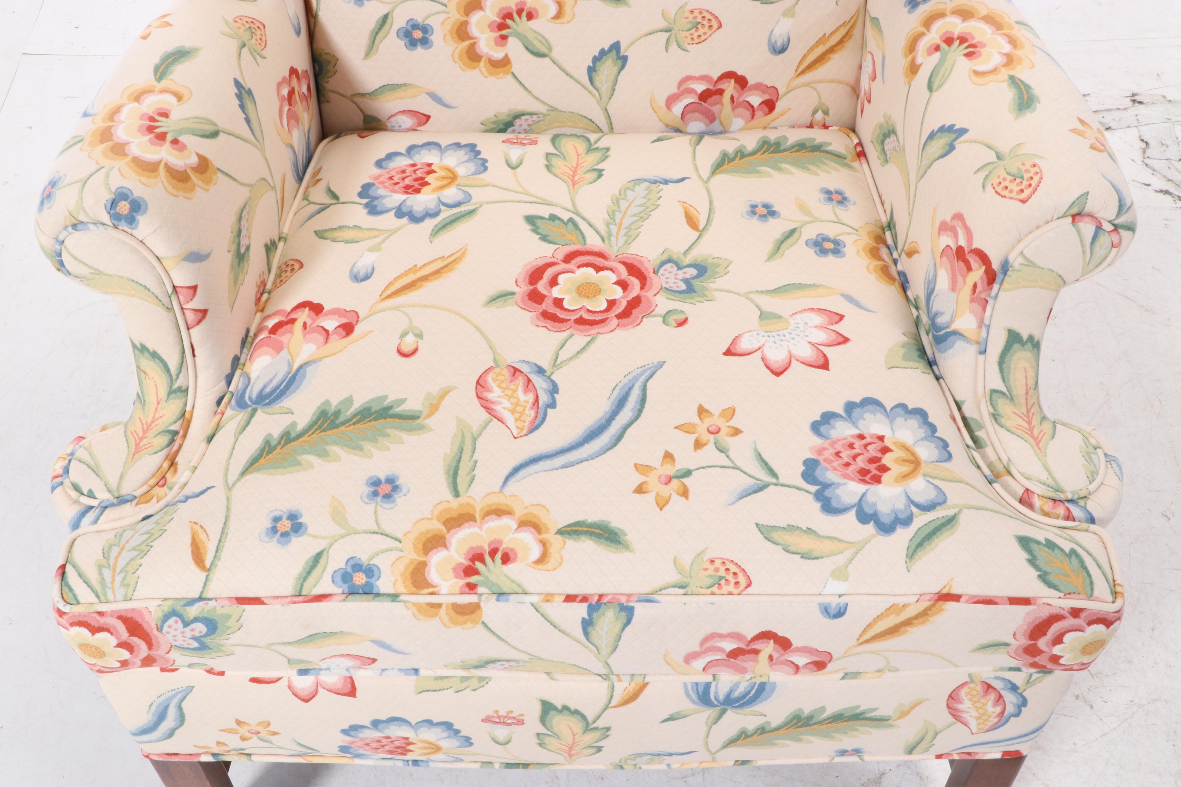 Hickory Chair Chippendale Style Floral-Upholstered Mahogany Wingback Armchair