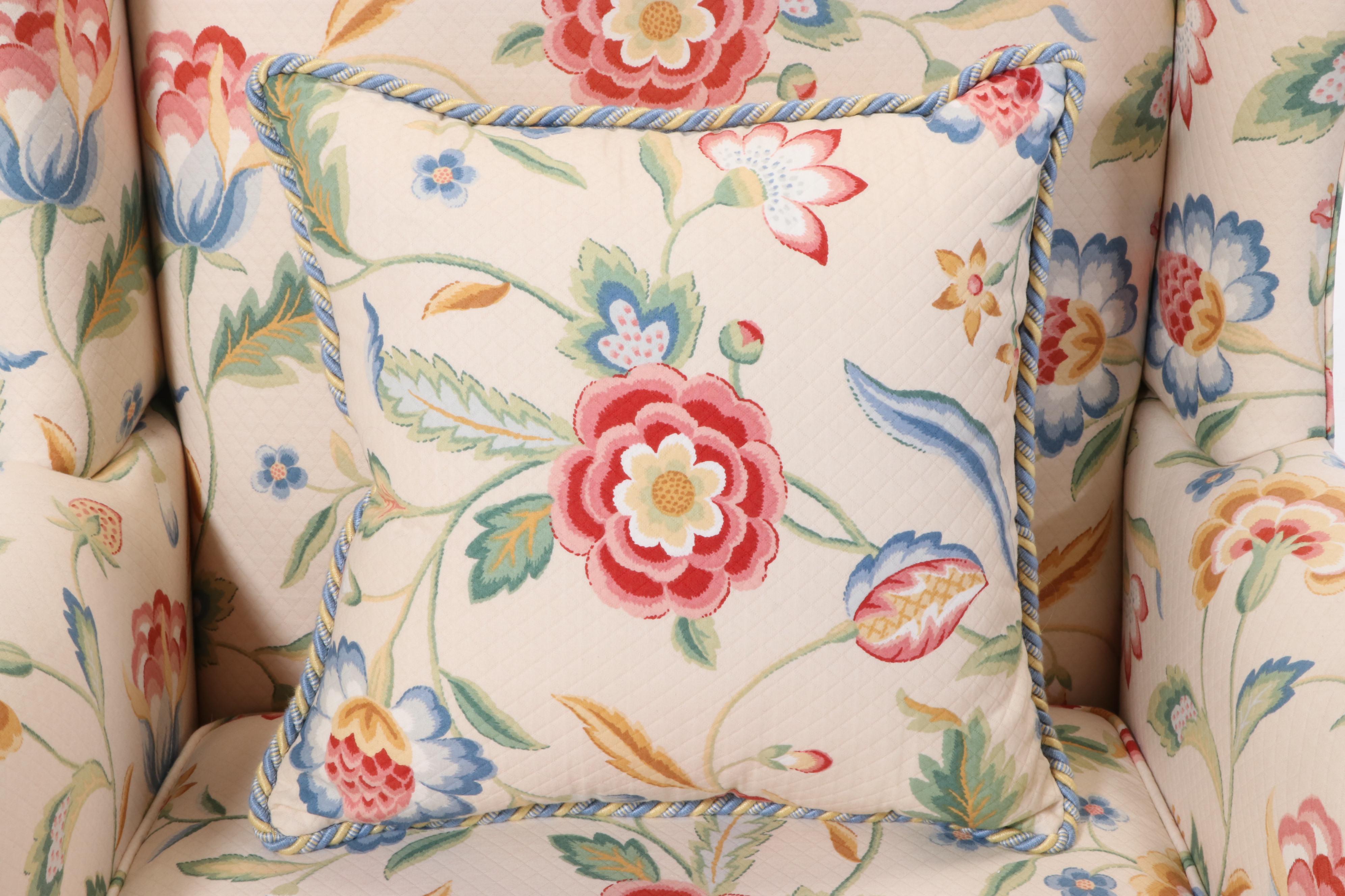 Hickory Chair Chippendale Style Floral-Upholstered Mahogany Wingback Armchair