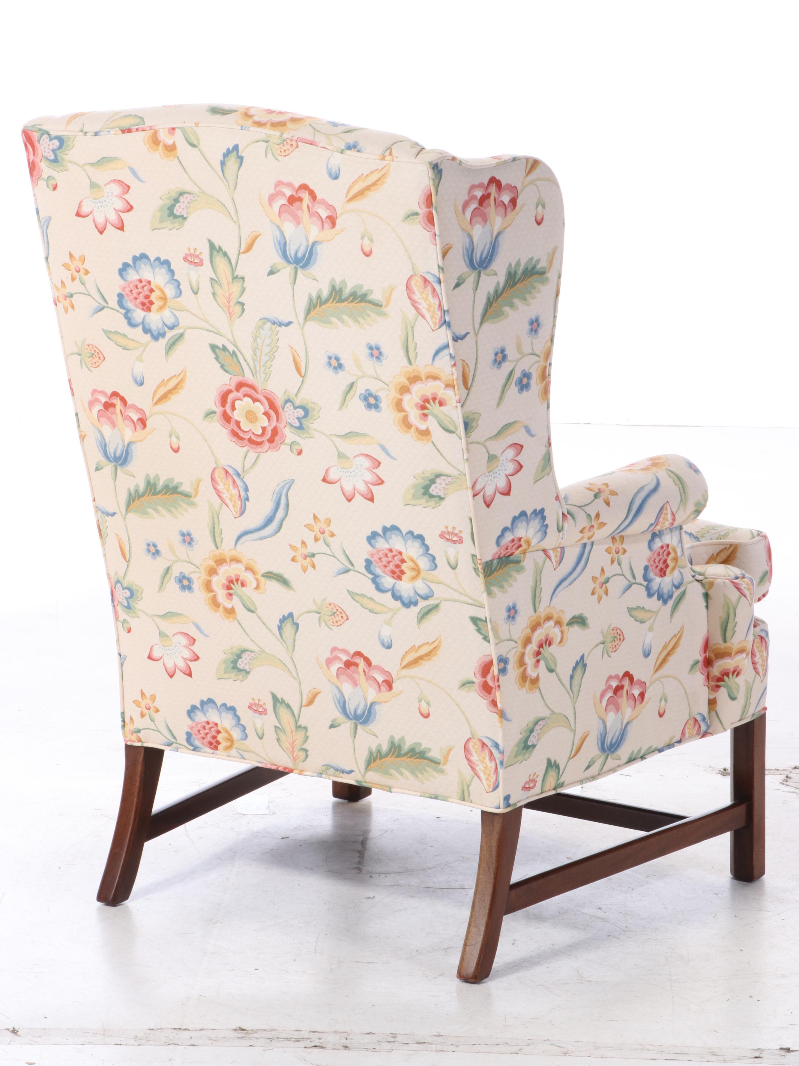 Hickory Chair Chippendale Style Floral-Upholstered Mahogany Wingback Armchair