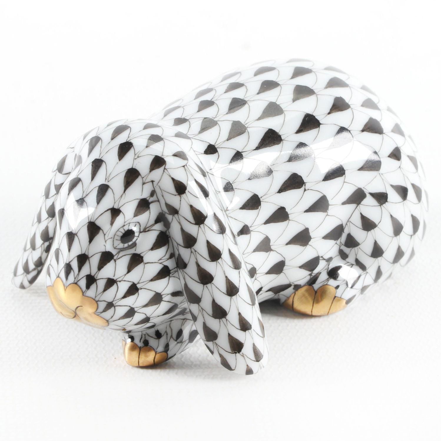 Herend Black Fishnet "Lop Ear Bunny" Porcelain Figurine, September 1995